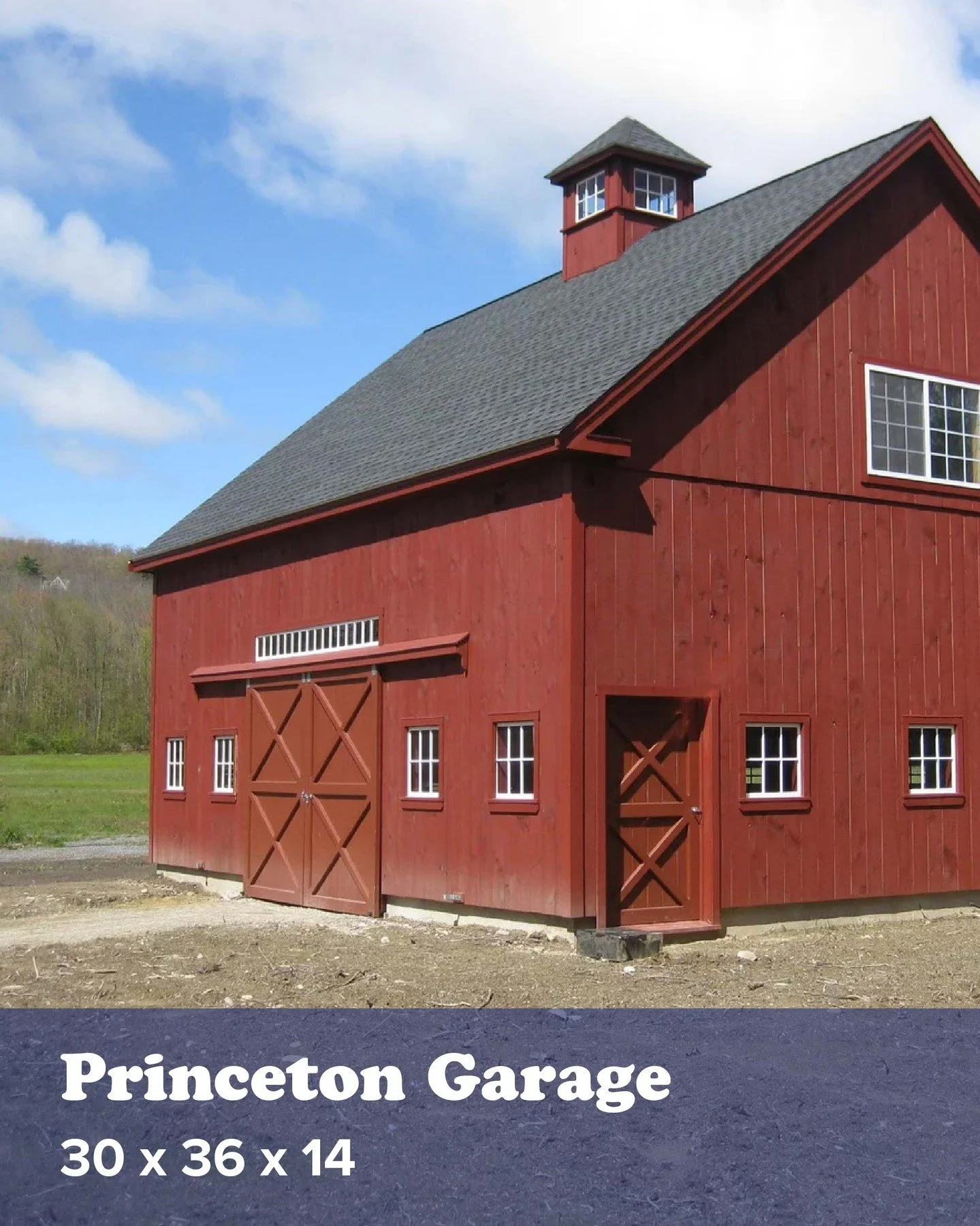 The versatile &amp; roomy Princeton Garage features three vehicle bays with overhead doors, plus an additional set of barn doors on the gable end for convenience.
See more photos on our website!