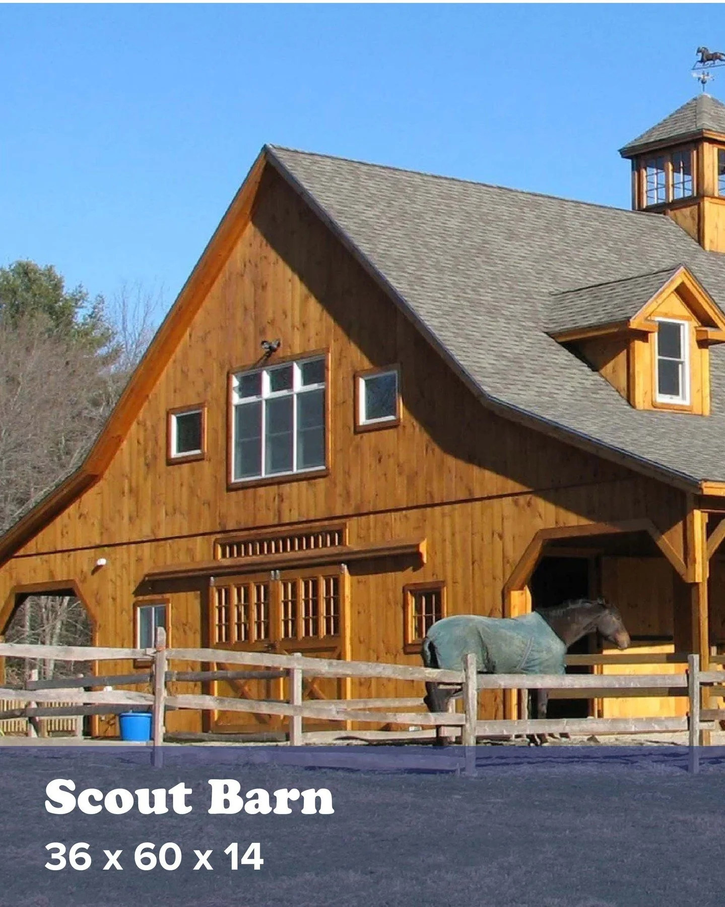 The Scout Barn is a 36&rsquo; x 60&rsquo; x 14&rsquo; custom stall barn with five 12&rsquo; x 12&rsquo; stalls, finished tack room &amp; feed room, wash stall, open bay &amp; 12&rsquo; x 60&rsquo; center aisle. There are two 36&rsquo; x 12&rsquo; ope
