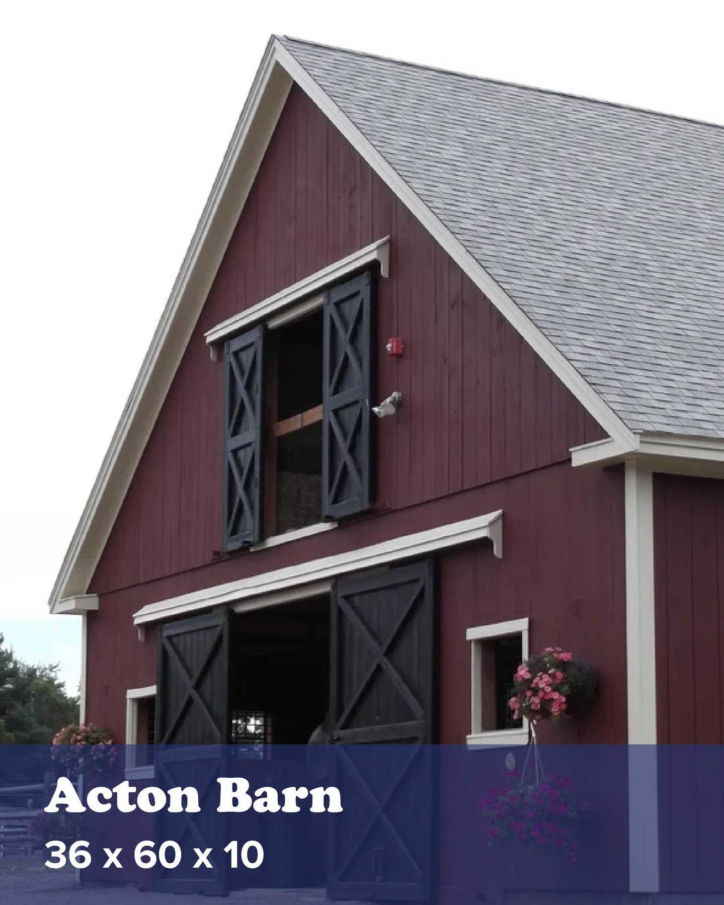 The Acton Barn features eight 12&rsquo; x 12&rsquo; stalls, a 12&rsquo; x 12&rsquo; tack room, 12&rsquo; x 12&rsquo; feed room, &amp; a full loft above. 
The barn was attached to an existing arena, &amp; both were repainted to match. We also renovate