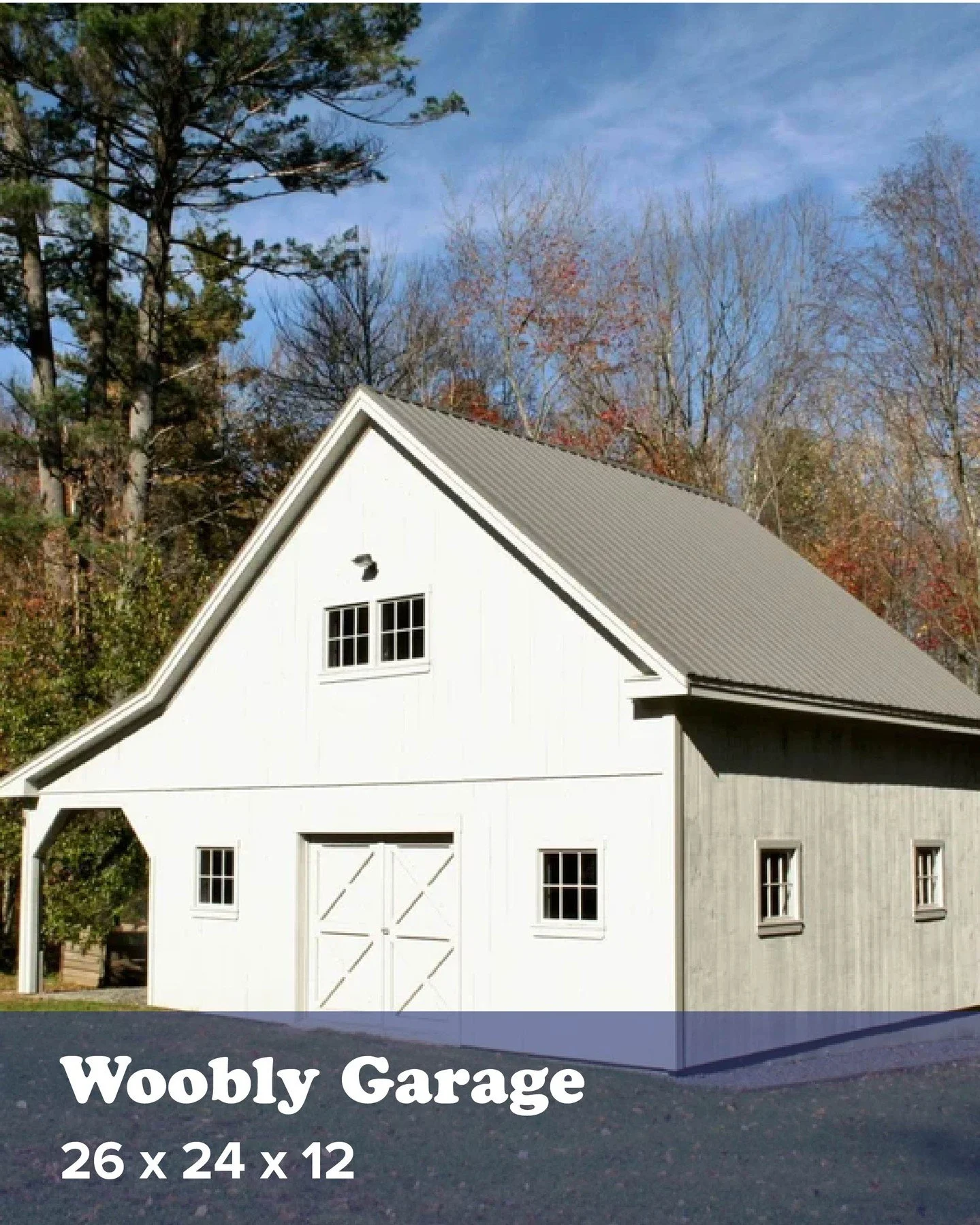 The petite-yet-capable Woobly Garage features swinging barn doors, a loft with stairs for extra storage, &amp; a convenient overhang on the side. 

See more photos on our website!