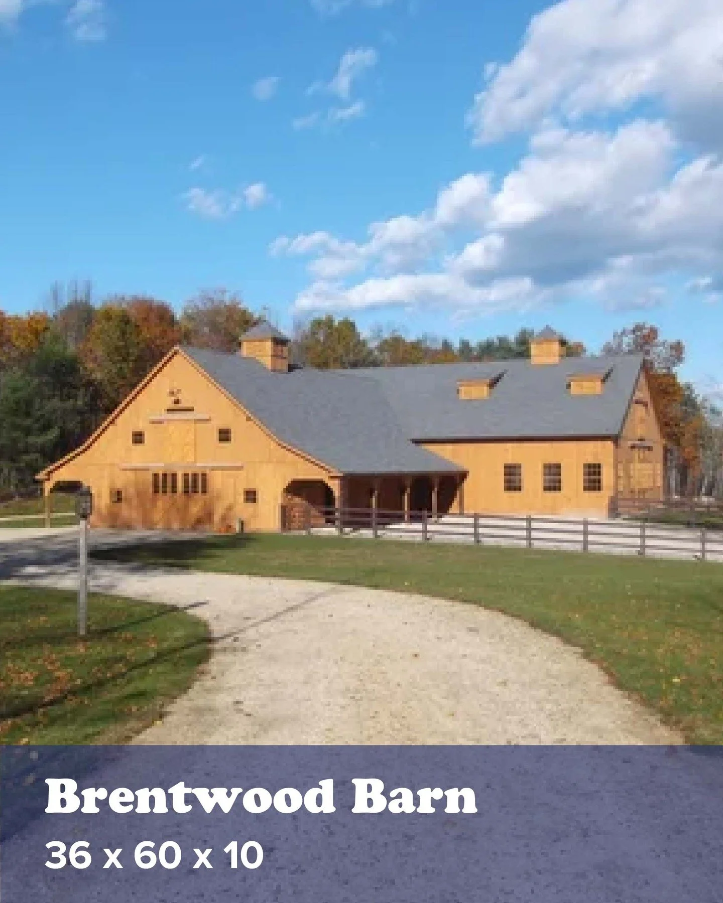 The Brentwood Barn is a roomy stall barn with a 12&rsquo; center aisle, four 12&rsquo; x 14&rsquo; horse stalls, a grooming stall, tack room, feed room, &amp; a generous 12&rsquo; x 8&rsquo; storage area.

See more photos on our website!