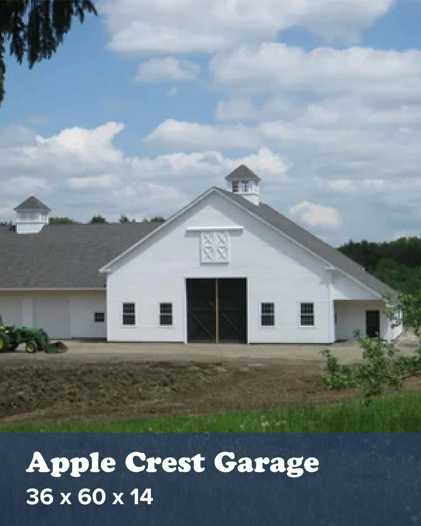 The large, clear-span Apple Crest Garage is outfitted with overhead garage doors &amp; sliding barn doors for full access on all sides. Plenty of doors ensure easy access for all of your vehicles.

See more photos on our website!