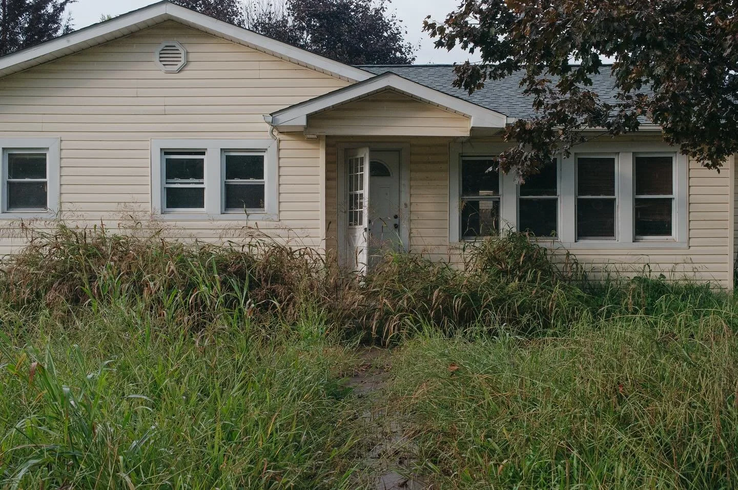 A street of vacant Helene-damaged homes sits in silence in Clyde, NC on Sept 2025.