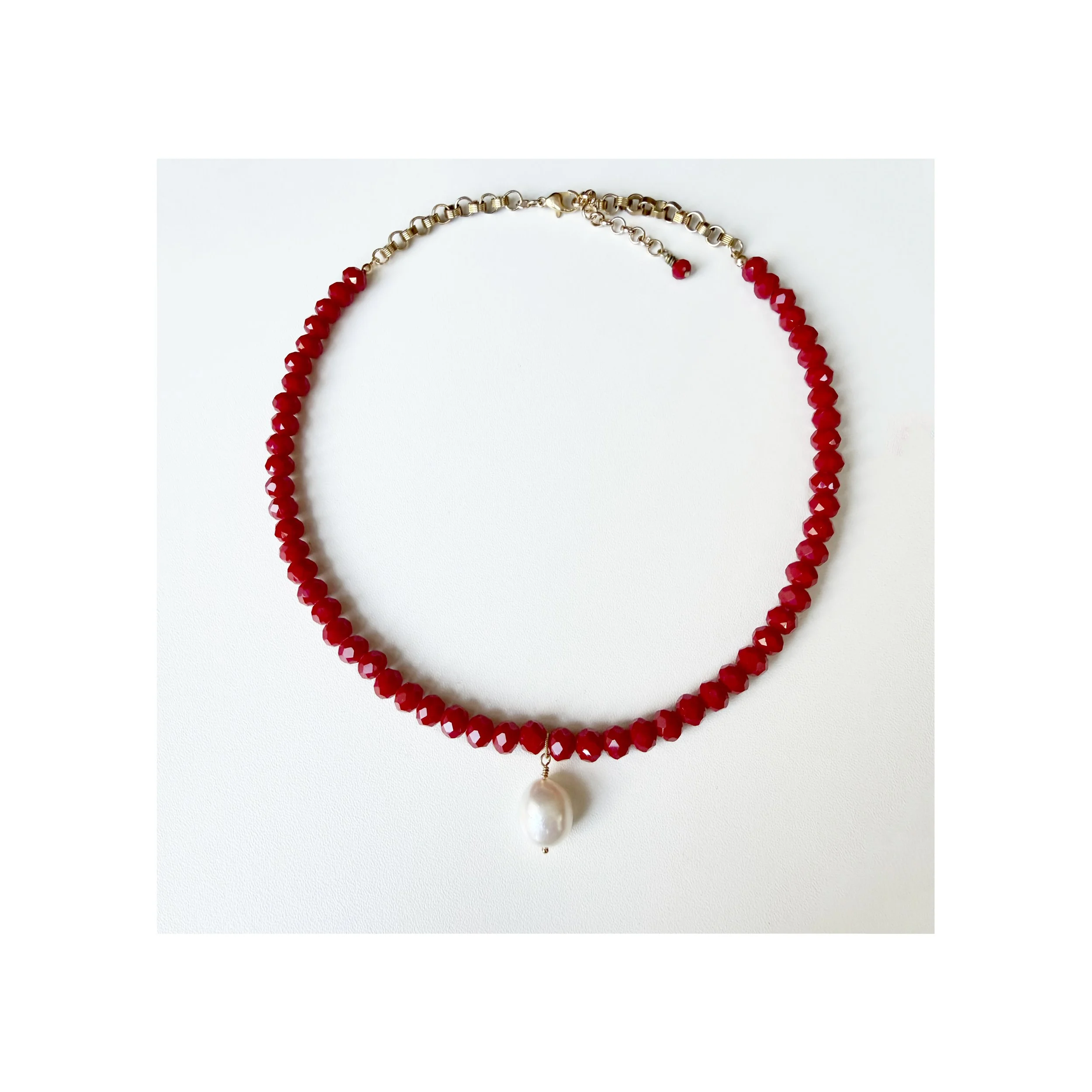  N101 OPAQUE RED CRYSTAL AND FRESHWATER PEARL DROP  WITH VINTAGE GOLD PLATED CHAIN  15 1/2" PLUS 1 1/2" EXTENDER, GOLD FILL CLASP 