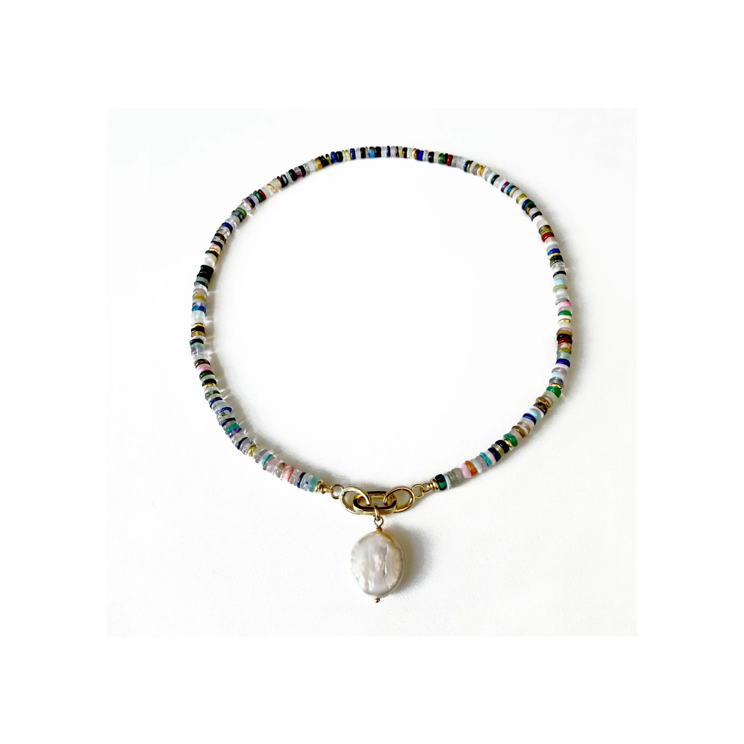  N179  MULTI GEMSTONES WITH A REMOVABLE FRESHWATER COIN PEARL CHARM 19'', GOLD FILLED CLASP 