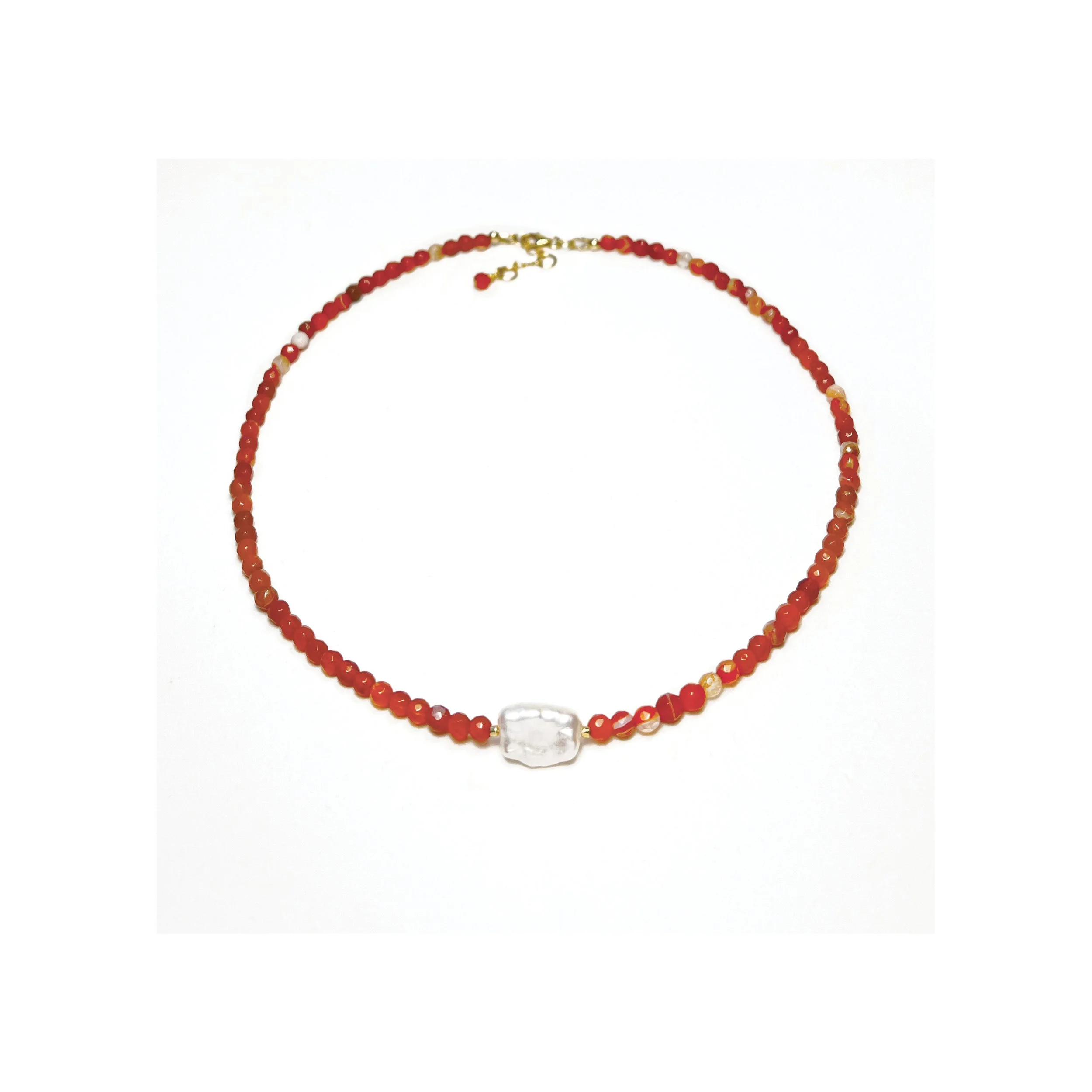  N21 CARNELIAN GEMSTONE WITH A FRESHWATER BIWA PEARL 16 1/2'' PLUS 1 1/2" EXTENDER, GOLD FILLED CLASP 