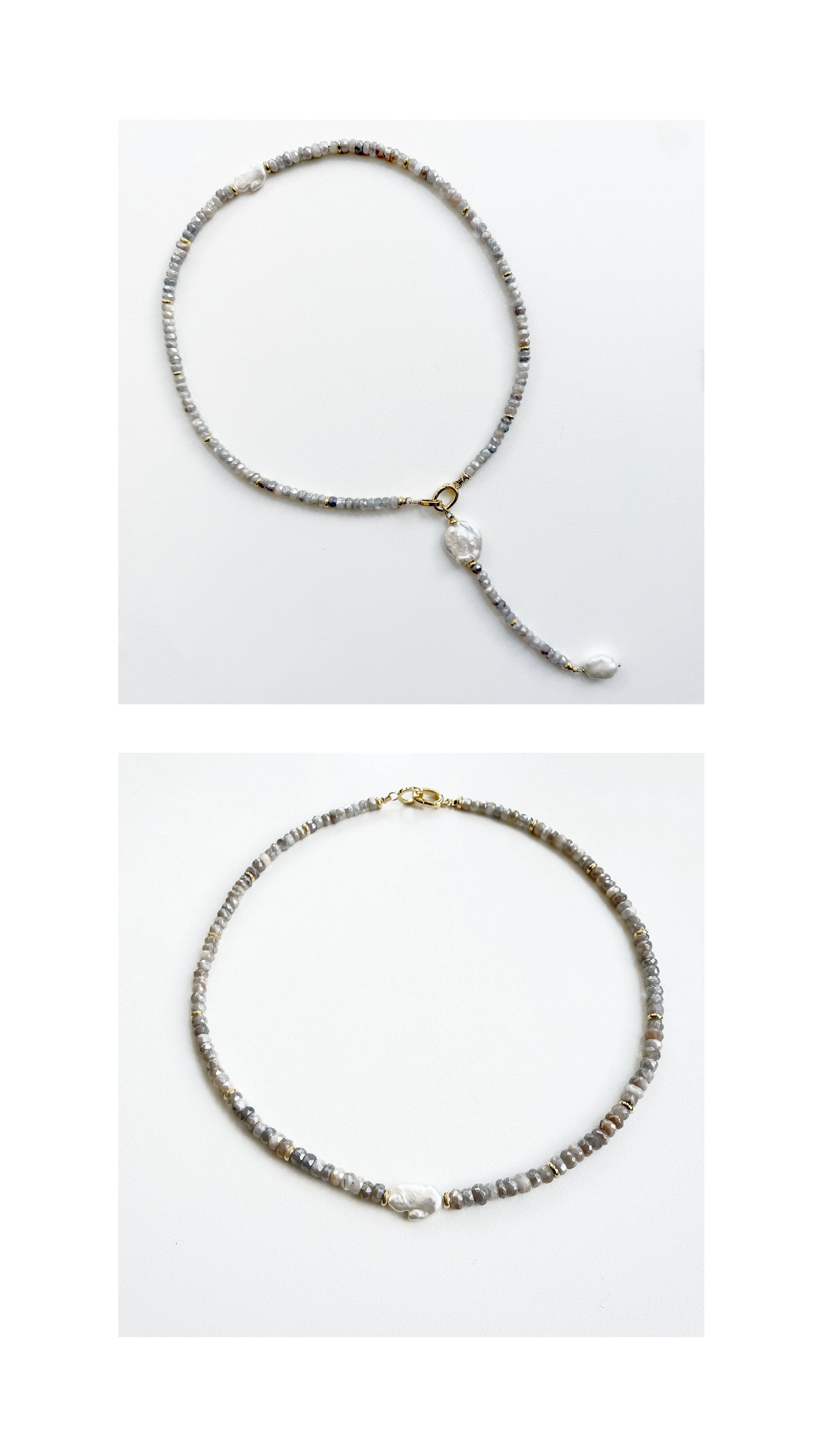  N180  FACETED MOONSTONES WITH A FRESHWATER BIWA PEARL AND GOLD FILLED HEISHI BEADS, 19” REMOVABLE DANGLE OF FACETED MOONSTONES,  FRESHWATER COIN PEARL AND PEARL NUGGET, 4.5” GOLD FILLED CLASP 