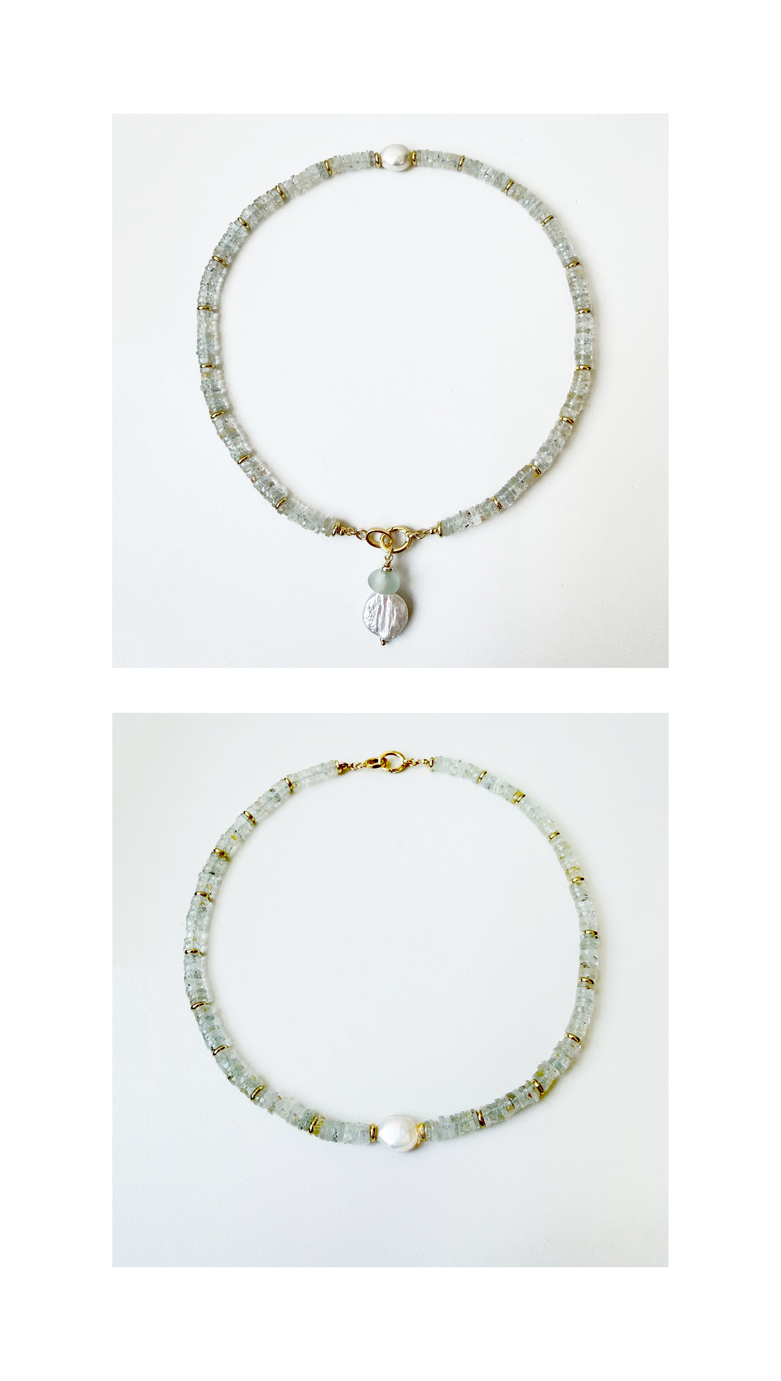  N181  FACETED AQUAMARINE AND GOLD FILLED HEISHI BEADS WITH A FRESHWATER PEARL NUGGET, 19” REMOVABLE CHARM OF AN AFRICAN GLASS BEAD AND A FRESHWATER COIN PEARL, GOLD FILLED CLASP 