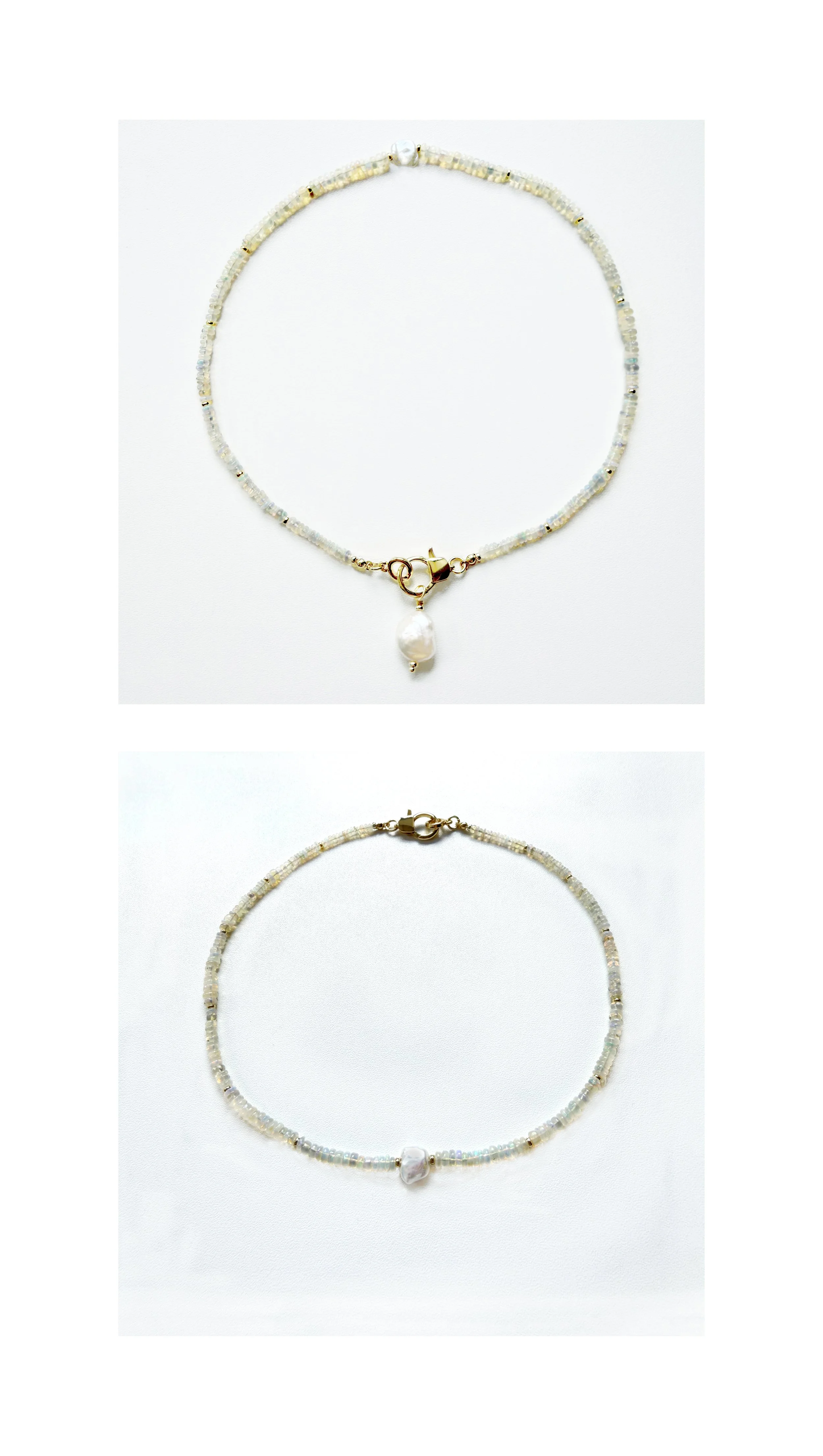  N182  ETHIOPIAN OPAL AND GOLD FILLED HEISHI BEADS WITH A FRESHWATER PEARL NUGGET, 19” REMOVABLE CHARM OF A FRESHWATER PEARL NUGGET, GOLD FILLED CLASP 