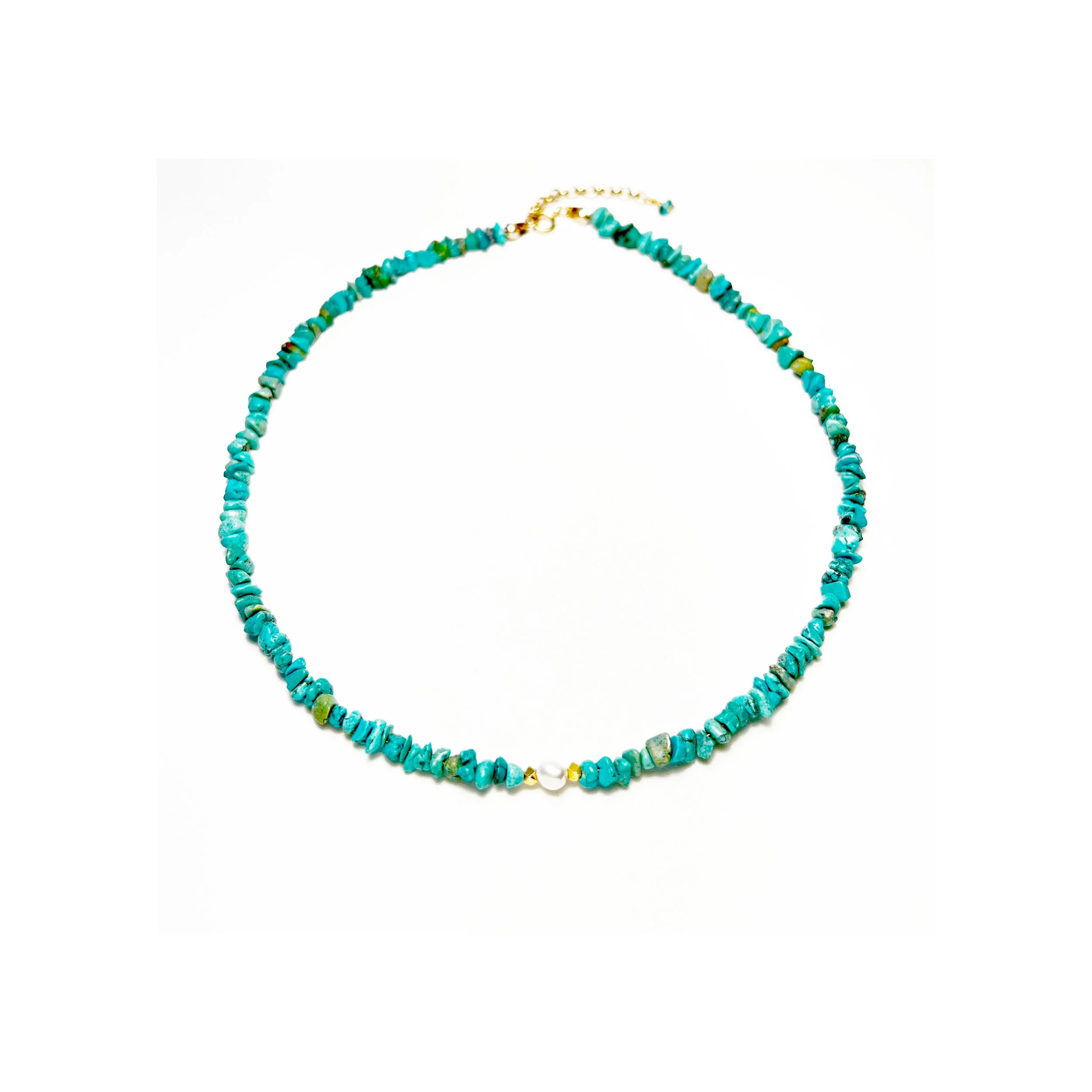  N42 NATURAL TURQUOISE NUGGETS WITH A FRESHWATER PEARL NUGGET 16" PLUS 1 1/2" EXTENDER, GOLD FILLED CLASP 