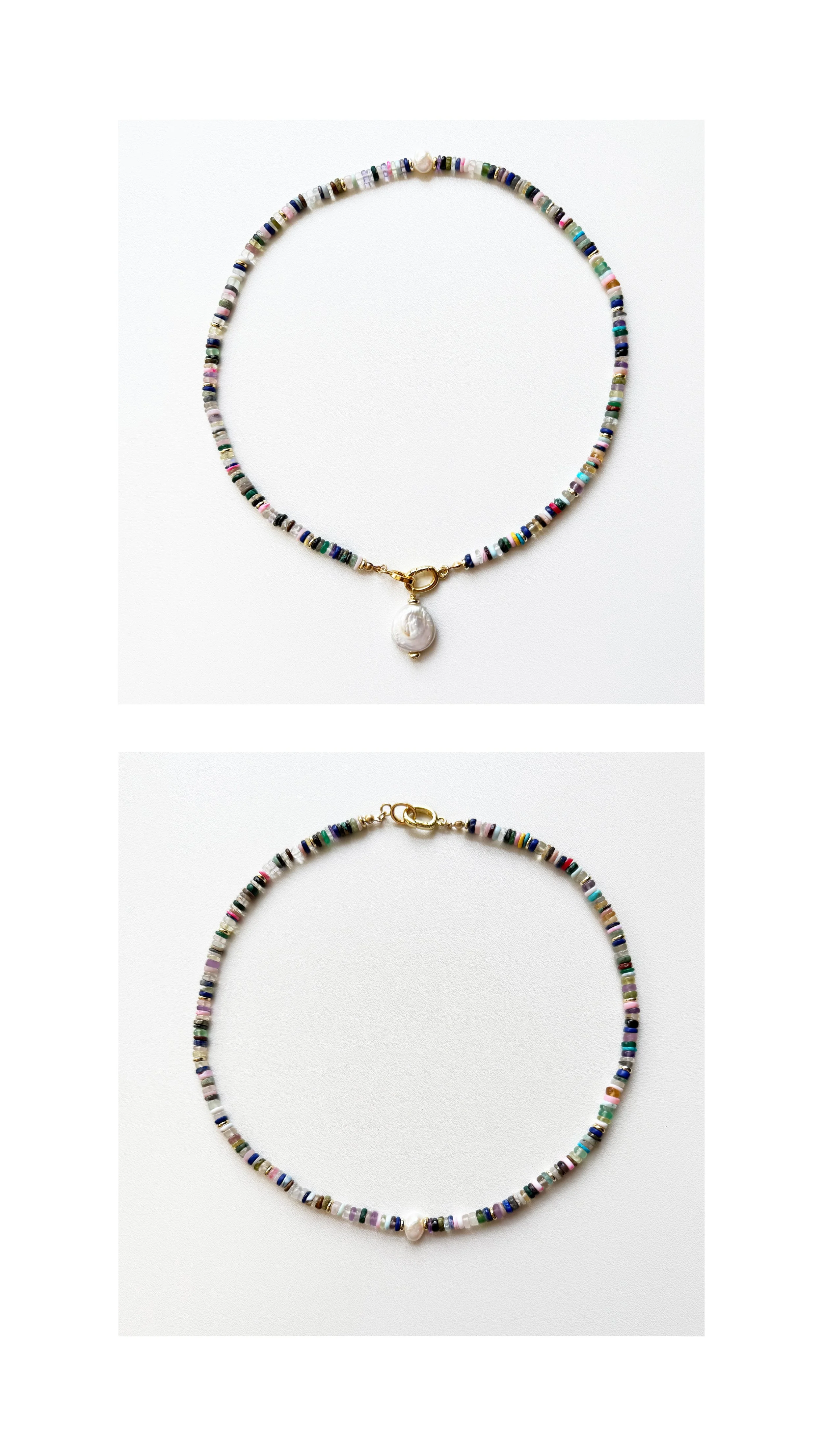  N183  MULTI GEMSTONES AND GOLD FILLED HEISHI BEADS WITH A FRESHWATER PEARL NUGGET, 19” REMOVABLE FRESHWATER COIN PEARL CHARM, GOLD FILLED CLASP 