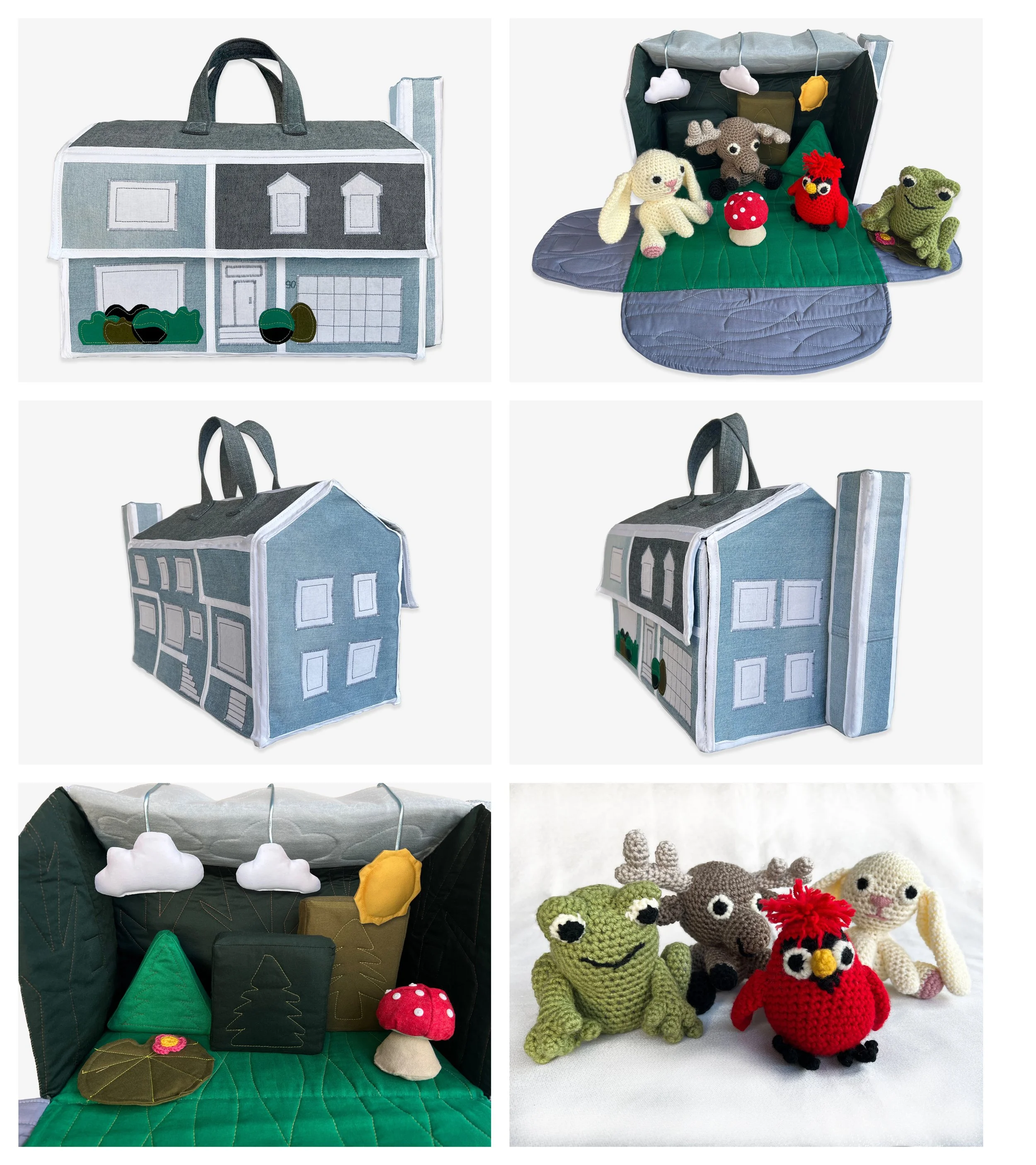  The exterior of the playhouse is designed to resemble the family's new home. When opened and unfolded, it reveals a whimsical forest scene complete with a pond. Interactive play elements include a soft mushroom-shaped rattle, blocks decorated with t
