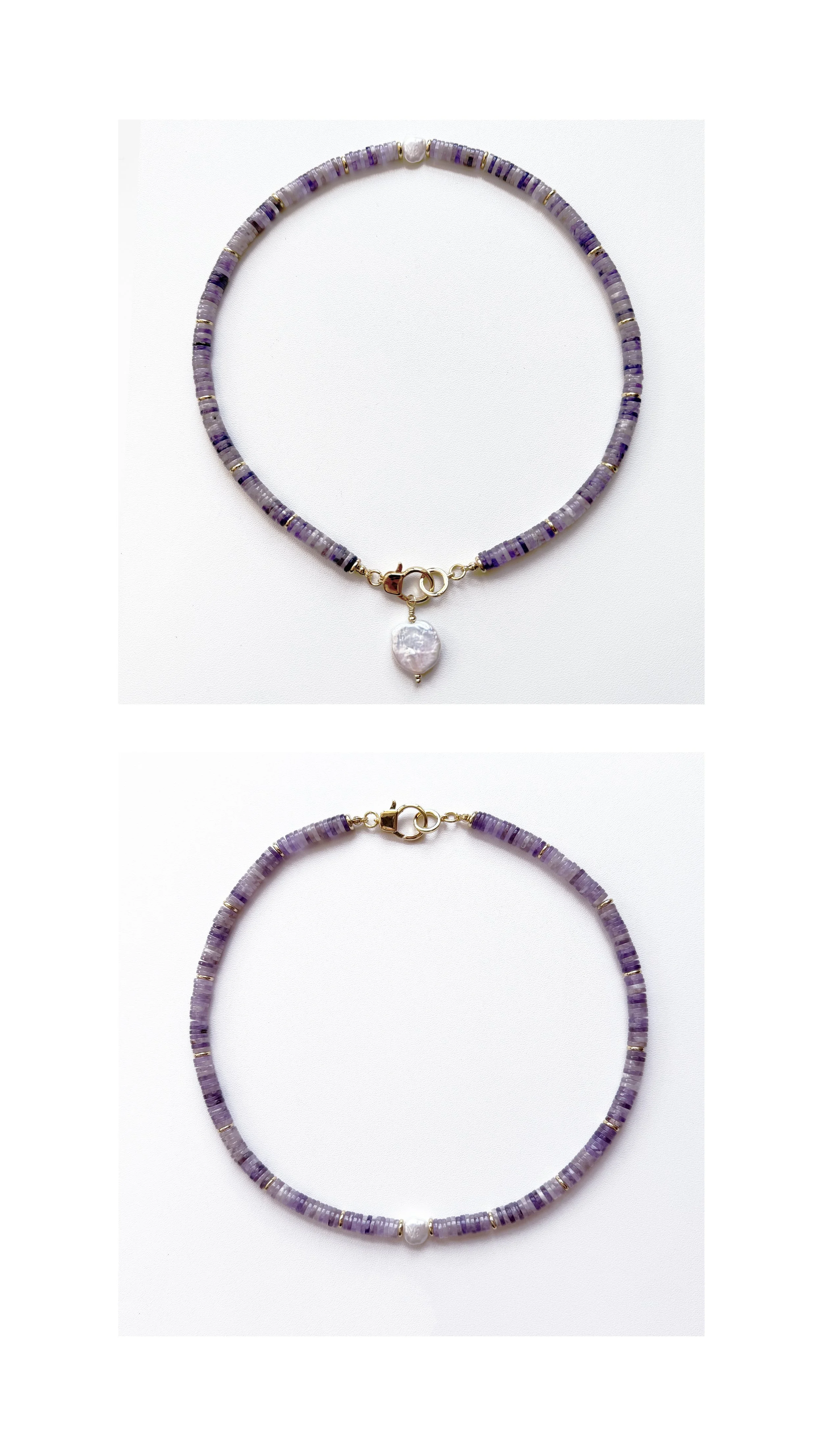  N184 NATURAL AMETHYST AND GOLD FILLED HEISHI BEADS WITH A FRESHWATER PEARL NUGGET, 19” REMOVABLE FRESHWATER COIN PEARL CHARM, GOLD FILLED CLASP 