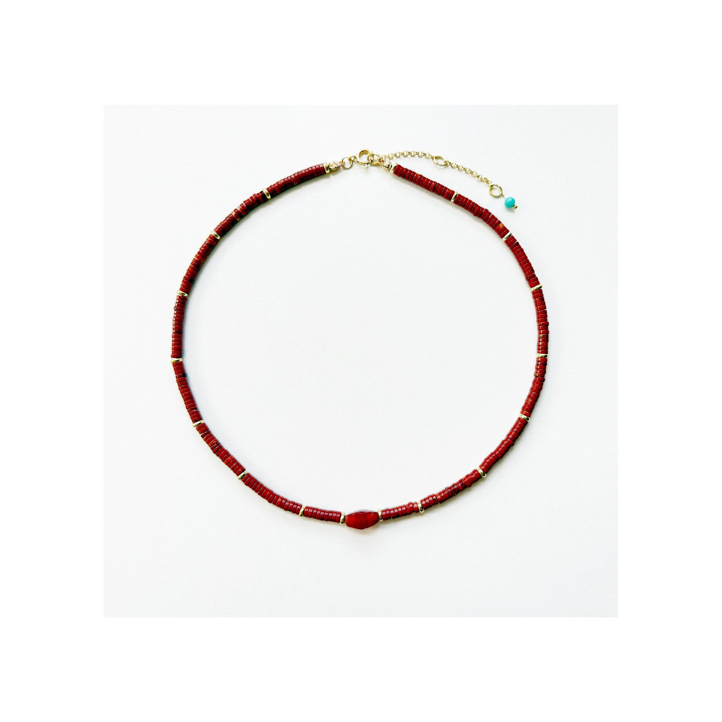  N185 NATURAL RED JASPER AND GOLD FILLED HEISHI BEADS WITH A HAND-CARVED CARNELIAN BICONE BEAD 17'' PLUS 2 1/2" EXTENDER, GOLD FILLED CLASP 