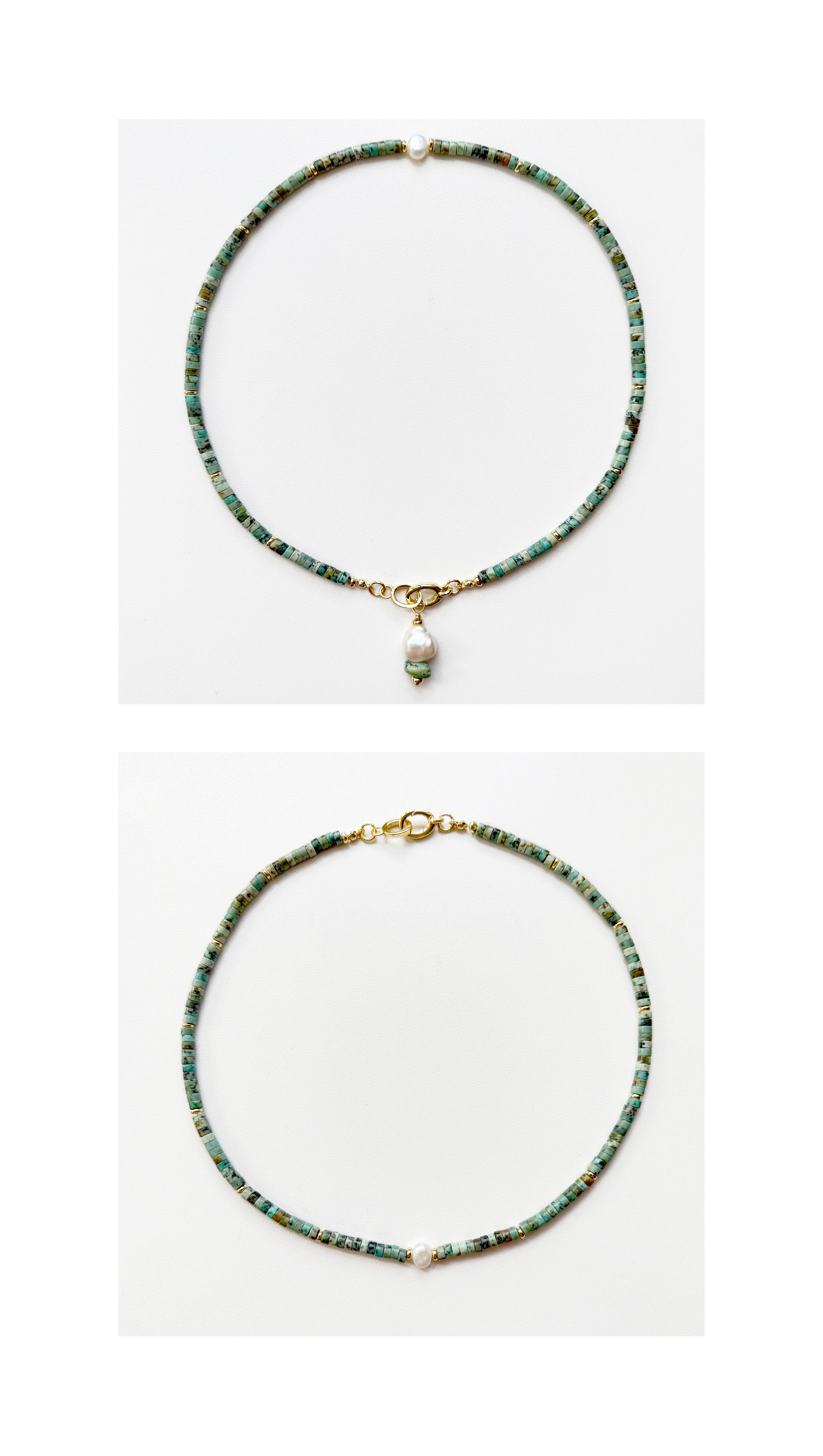  N186 NATURAL AFRICAN TURQUOISE AND GOLD FILLED HEISHI BEADS WITH A FRESHWATER PEARL NUGGET. REMOVABLE FRESHWATER BAROQUE PEARL AND TURQUOISE NUGGET CHARM,  16", GOLD FILLED CLASP 