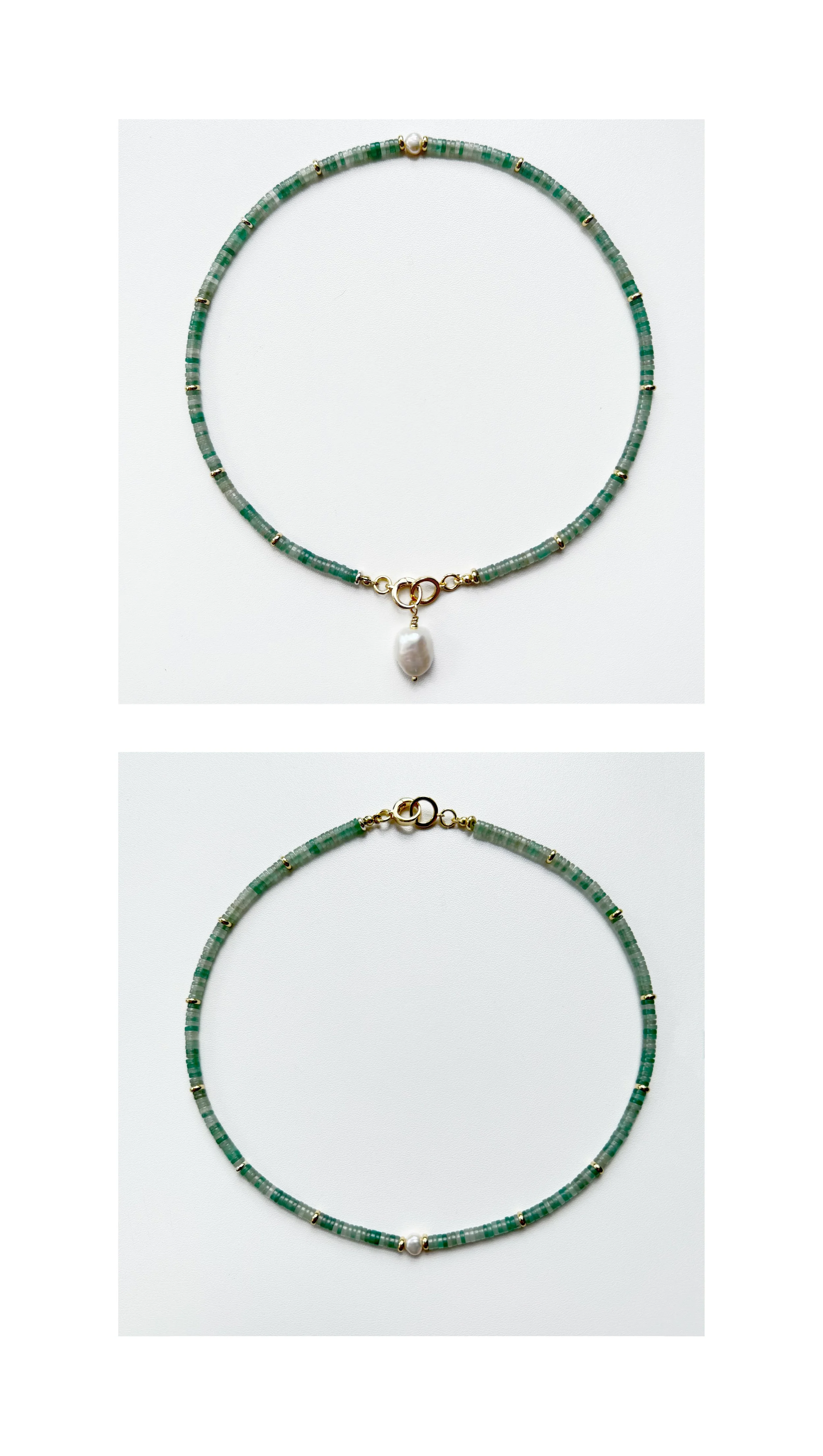  N187 NATURAL AVENTURINE GEMSTONES AND GOLD FILLED HEISHI BEADS WITH A FRESHWATER PEARL NUGGET, 16.5” REMOVABLE FRESHWATER COIN PEARL CHARM, GOLD FILLED CLASP 
