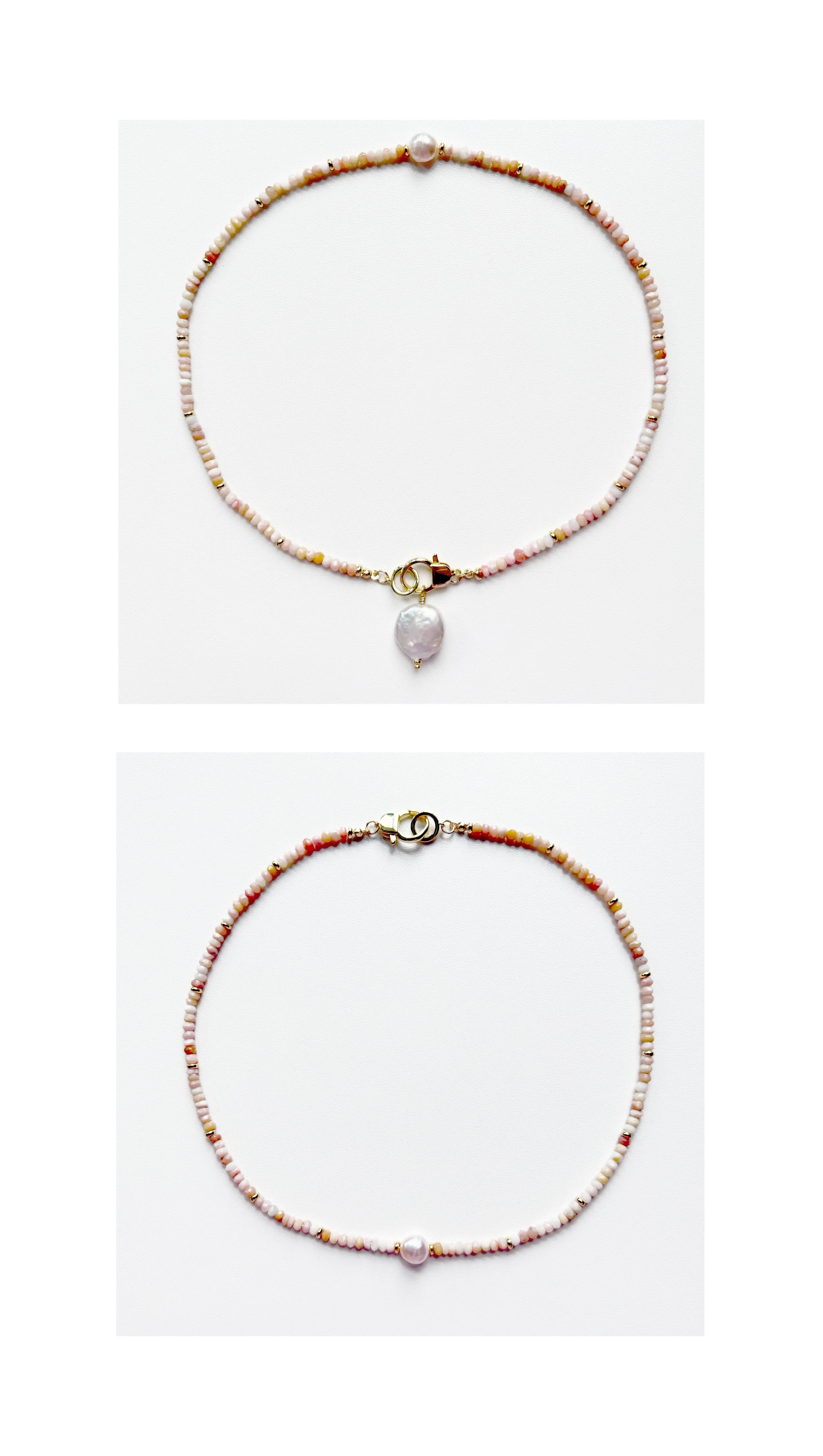  N188  NATURAL PINK OPAL RONDELLES AND GOLD FILLED HEISHI BEADS WITH A FRESHWATER PEARL NUGGET, 19” REMOVABLE CHARM OF A FRESHWATER PEARL COIN, GOLD FILLED CLASP 