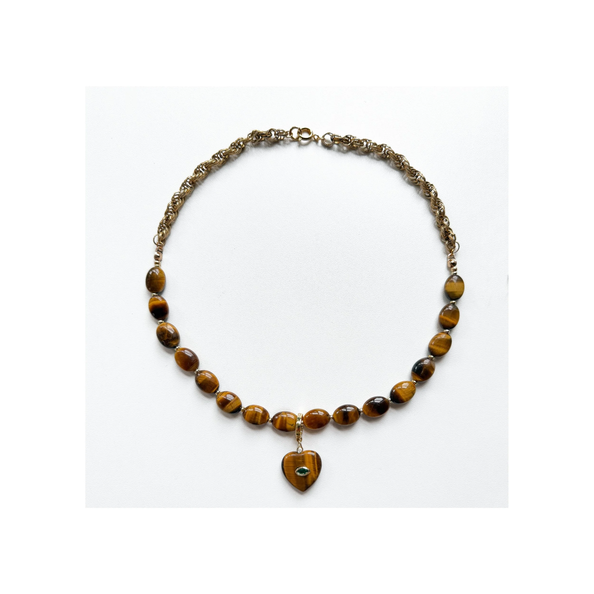  N189 NATURAL TIGER EYE WITH A TIGER EYE REMOVABLE HEART CHARM, VINTAGE CHAIN, 19’’ 