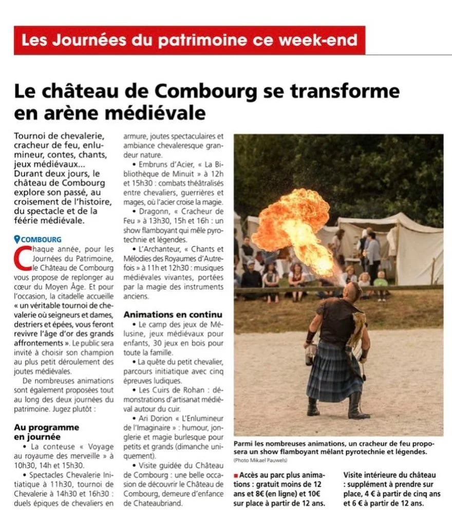 Sous les tours du Ch&acirc;teau de Combourg, l&rsquo;Histoire reprend vie&hellip;
⚔️Chevaliers en armure s&rsquo;affrontent en joute
🔥 Un cracheur de feu impressionnant 
🎶 Musiciens et conteurs redonnent voix aux l&eacute;gendes
👑 Enfants et famil