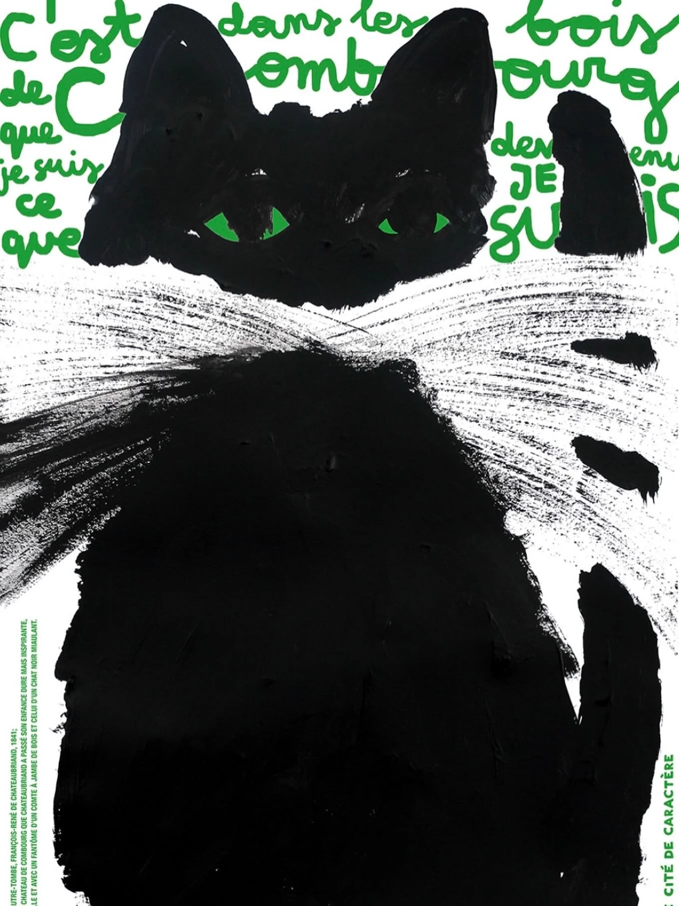 🖤🐈&zwj;⬛ The Black Cat of Combourg by Polish graphic artist Zofia Klajs @zofiaklajs 

This striking illustration reimagines the legendary black cat of Combourg said to haunt the castle. 

The green handwritten words behind the cat are a citation fr