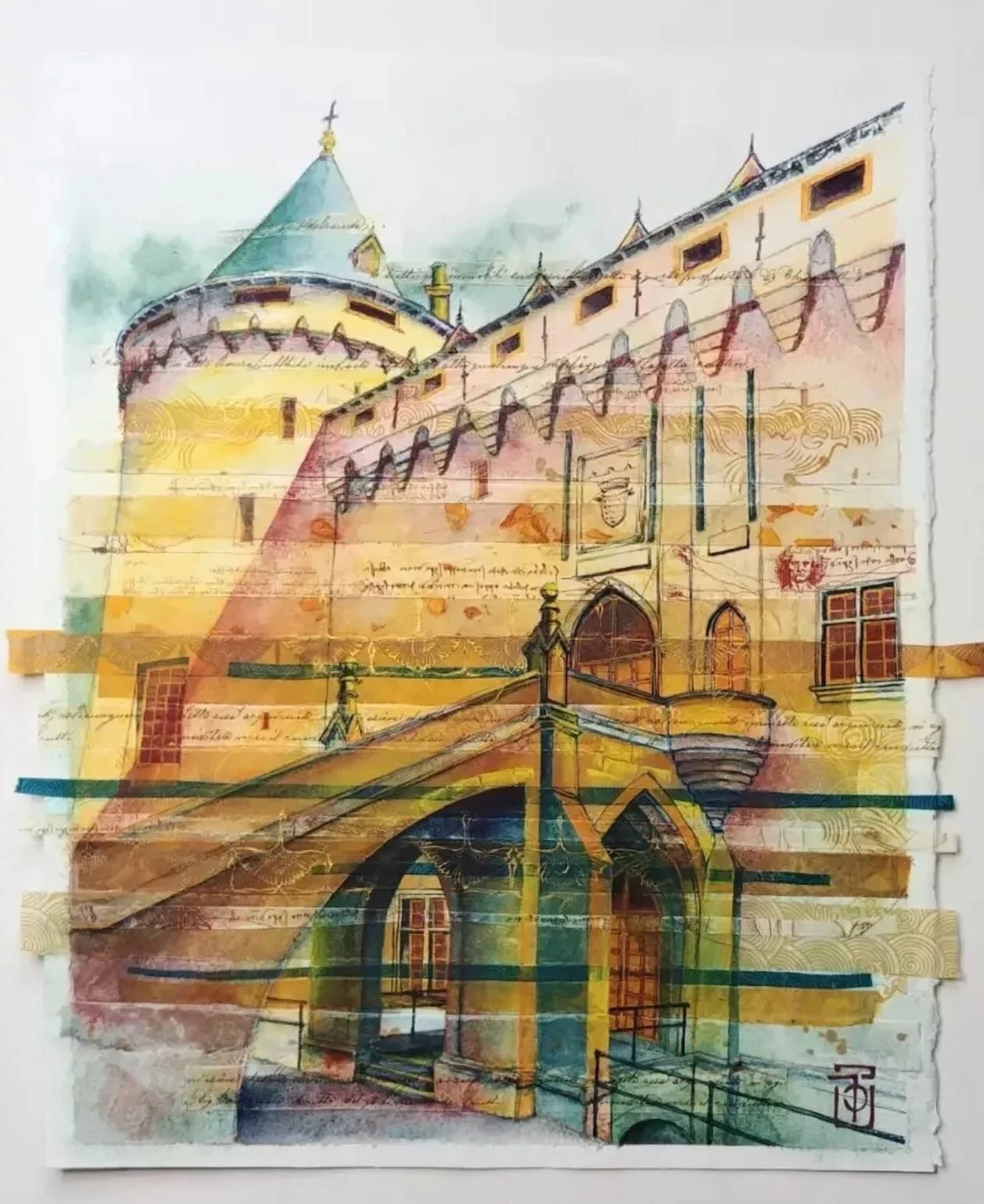 Le Ch&acirc;teau de Combourg vu &agrave; travers le regard d&rsquo;un artiste 🧑&zwj;🎨 Cette aquarelle m&ecirc;le architecture, histoire et imaginaire. Les oiseaux dor&eacute;s semblent traverser le temps, tandis que les fragments d&rsquo;&eacute;cr