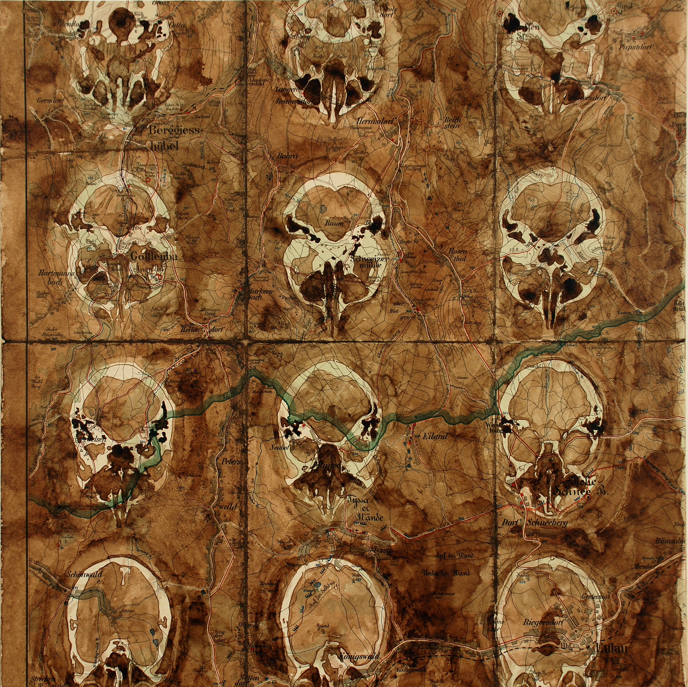 Brain Map , Map and Walnut Ink, 14” x 14” 2008