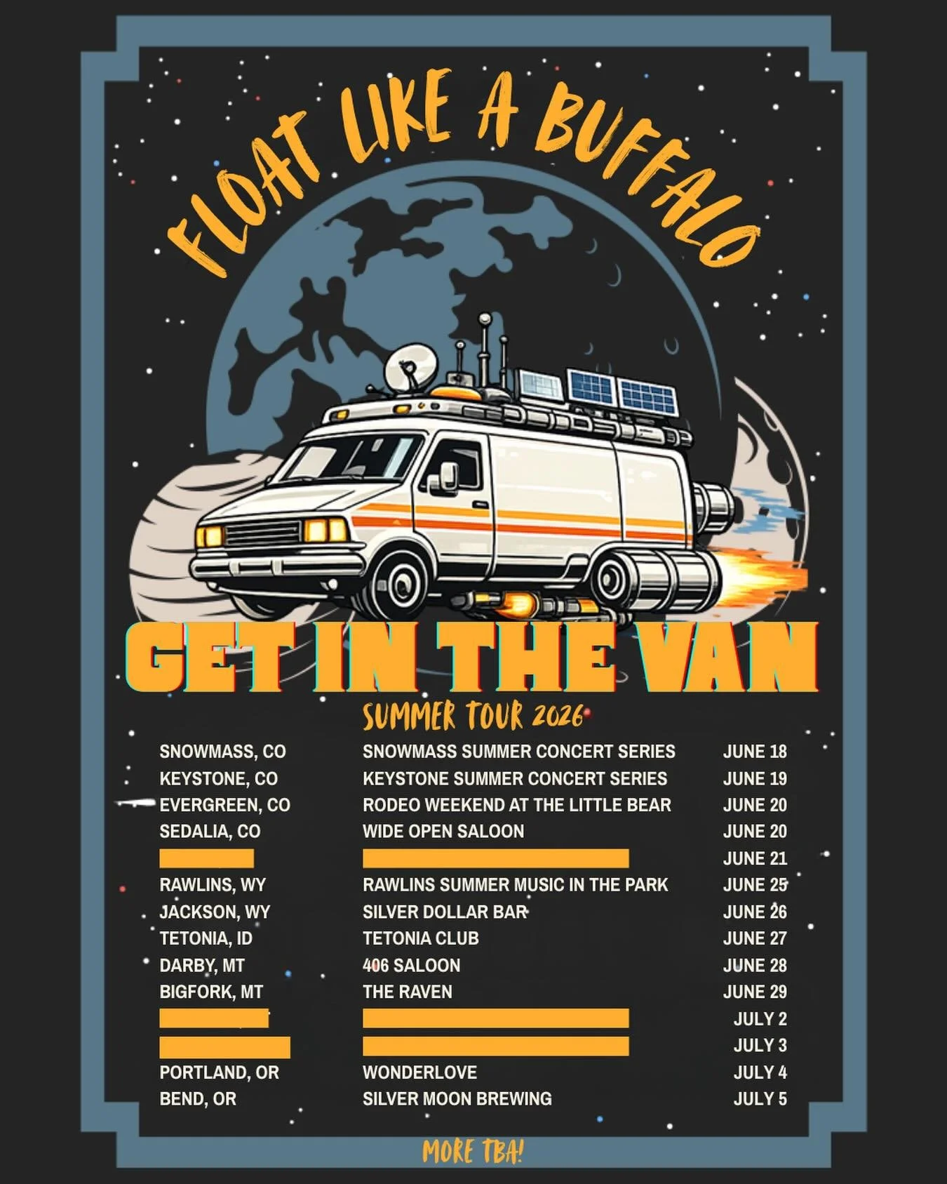 GET IN THE VAN - SUMMER TOUR 🚐🦬⛰️

CO &bull; WY &bull; MT &bull; ID &bull; WA &bull; OR - Let&rsquo;s go > 

06/18 | Snowmass, CO | Snowmass Summer Concert Series 
06/19 | Keystone, CO | Keystone Summer Concert Series 
06/20 | Evergreen, CO | Ro