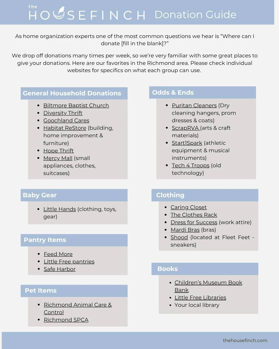 Happy Earth Day! We are big proponents of reduce, reuse, recycle ♻️ around here! 

Here's our Donation Guide with local businesses we work with regularly when finding new homes for our client's things. 

Have one to add to the list? Tag them below!