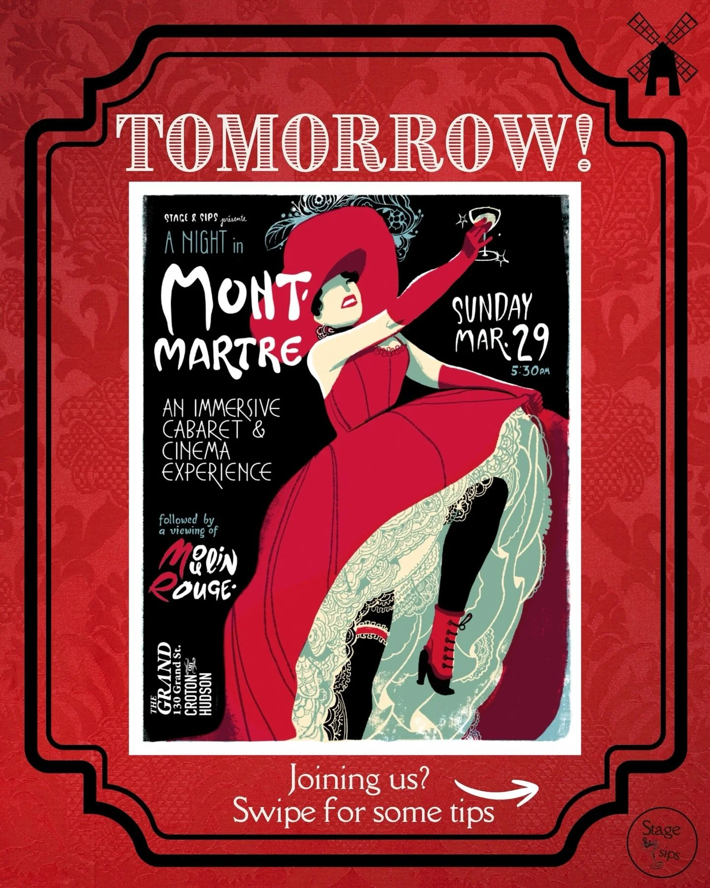 Tomorrow! We&rsquo;re SOLD OUT and can&rsquo;t wait to welcome you to Montmartre!! Here are some tips on what to expect&hellip; see you there bohemians. 💃 
*there will be standing room tickets available at the door @thegrandcroton 
#stageandsips #mo