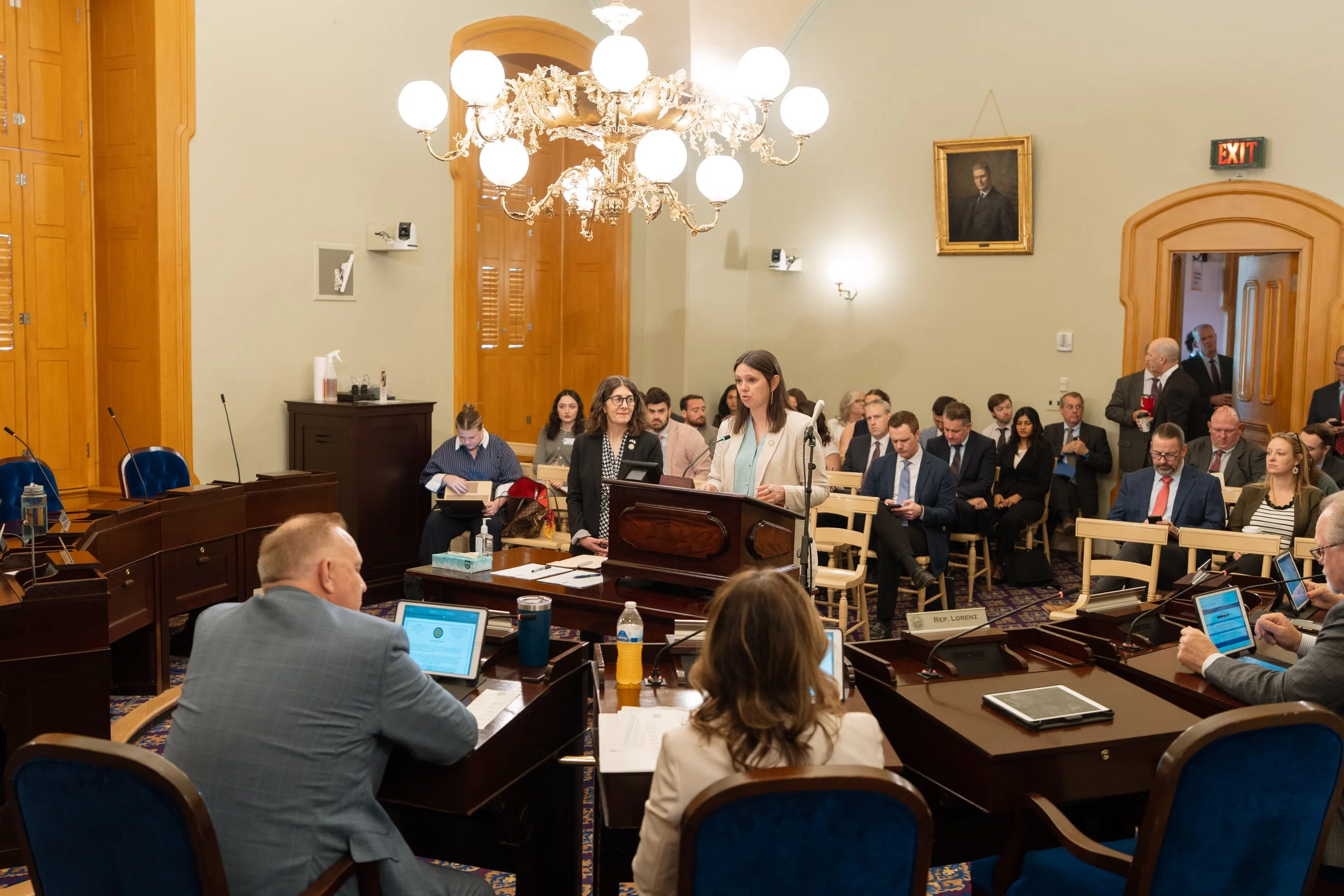 A formal meeting or hearing taking place in a grand room with wood paneling, a chandelier, and a portrait. Multiple people are seated at tables, some using laptops or tablets, with a woman standing at a podium speaking into a microphone. Others are o