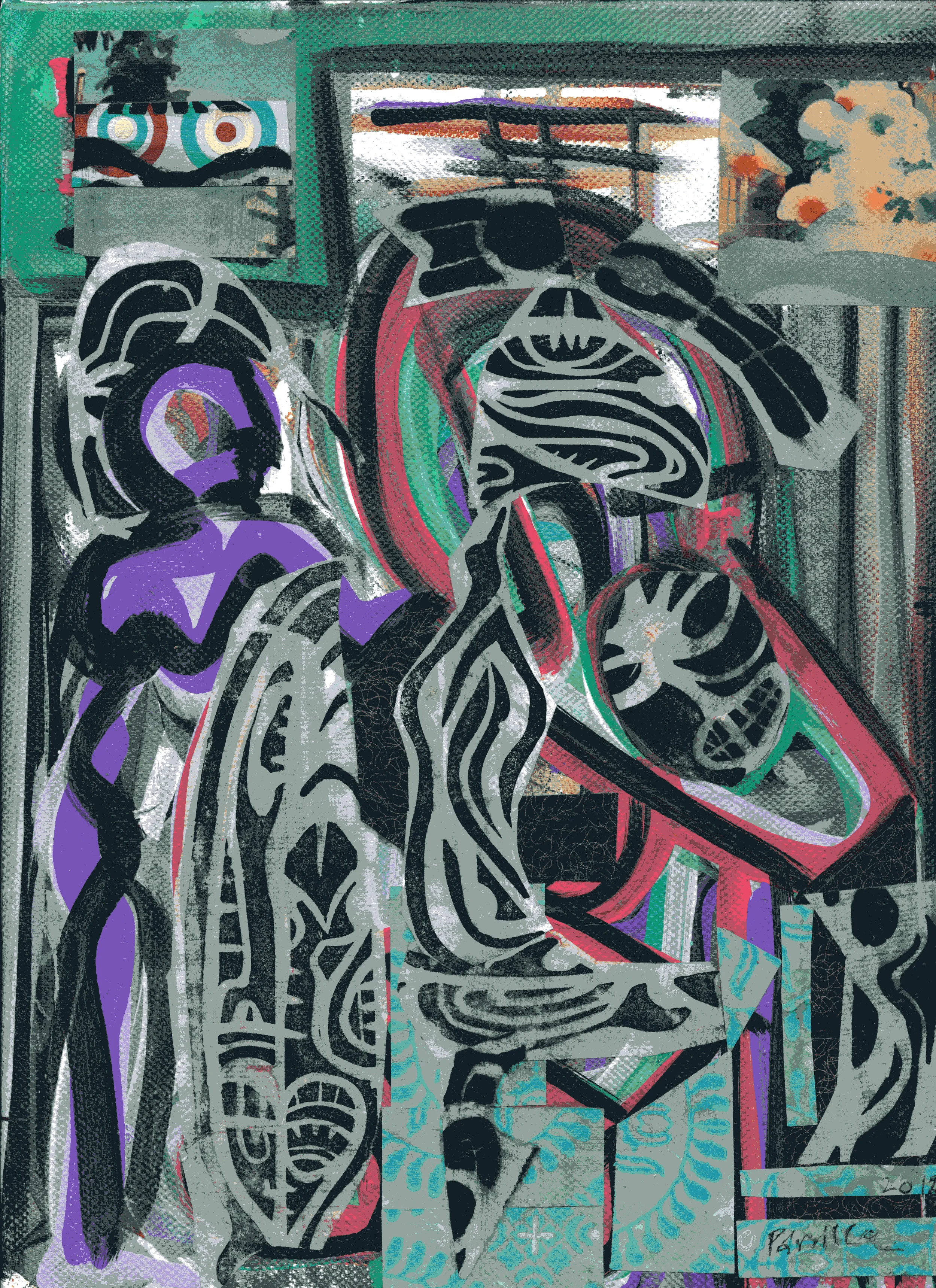 Person with Masks, 2012, 6X4 inches, paper collage