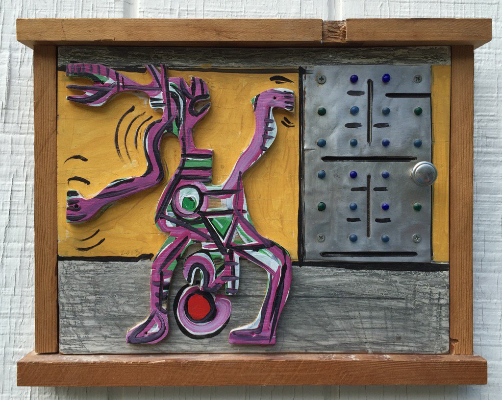 Dancer in Front of Metal House 2016, 8X14 inches, acrylic, pencil on wood and metal