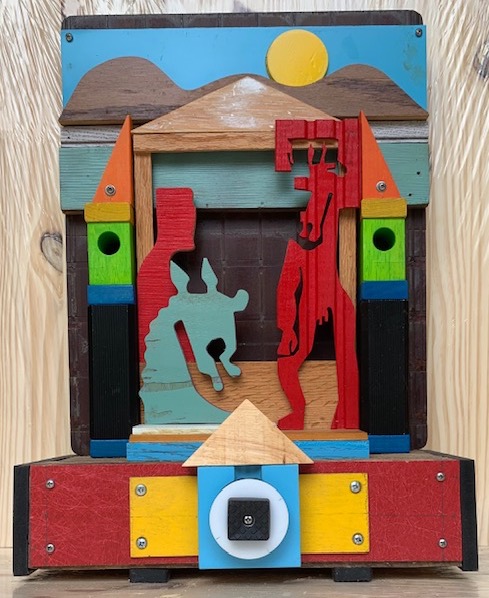 "The Watch Maker" 2017, "found" old computer parts, plastics, children's blocks, and acrylic on wood