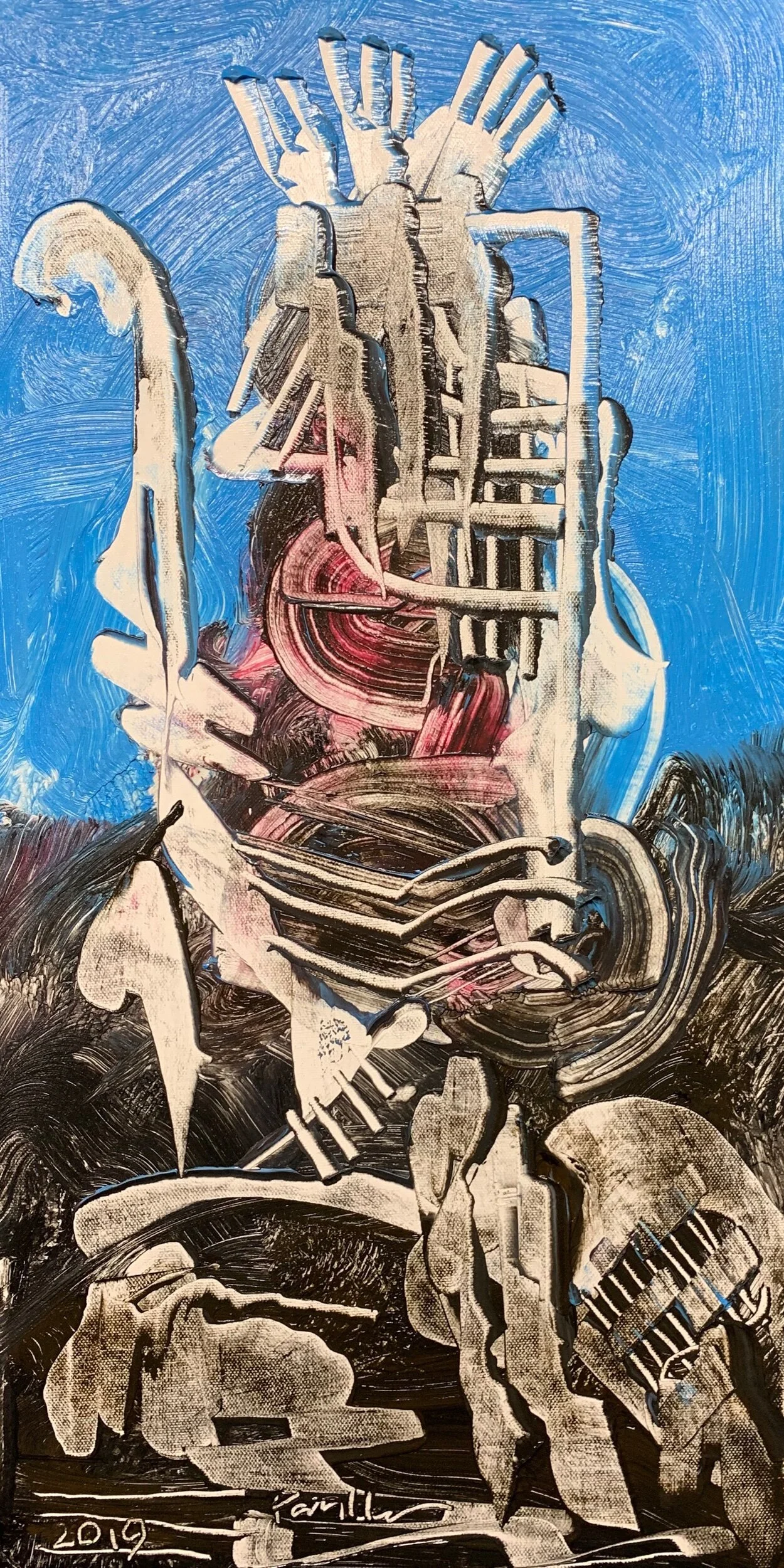 "Standing Man with Roosters" 2019 Acrylic on canvas 30"x15"