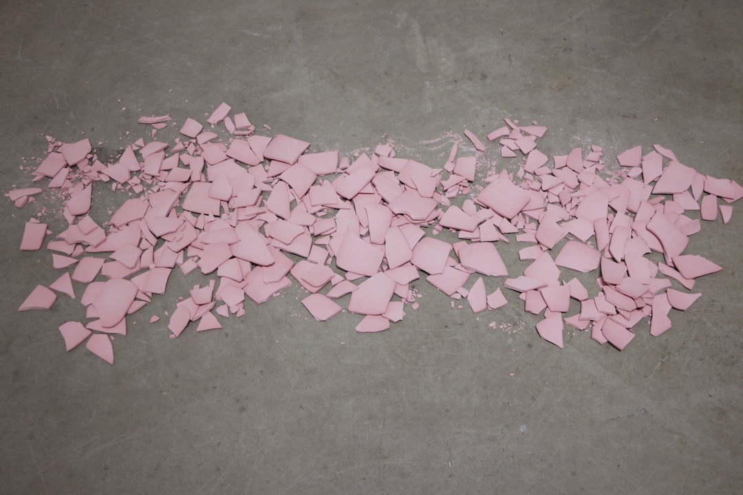   Fragile State , 2018, pink porcelain  76 slabs = the days of relationship.  Slabs are made of porcelain, a very delicate material.  Like me. 