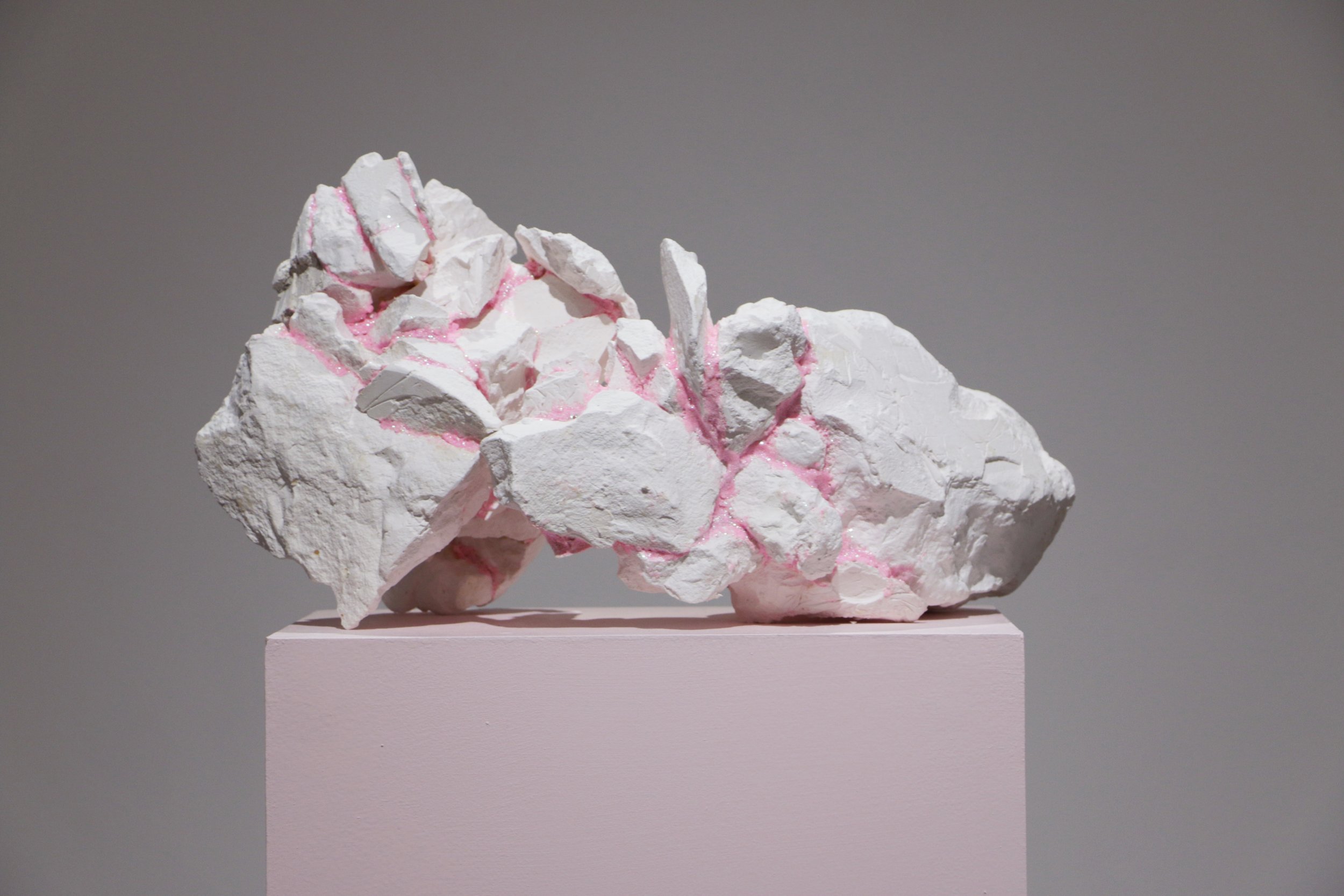   The Break-Up , 2018, Plaster and Pink Glitter Glue   Wabi-sabi  (n.) The discovery of beauty in imperfection; the acceptance of cycle of life and death.  (n.) A Japanese aesthetic. A gold flux (material) that is used to bond broken ceramic pieces t