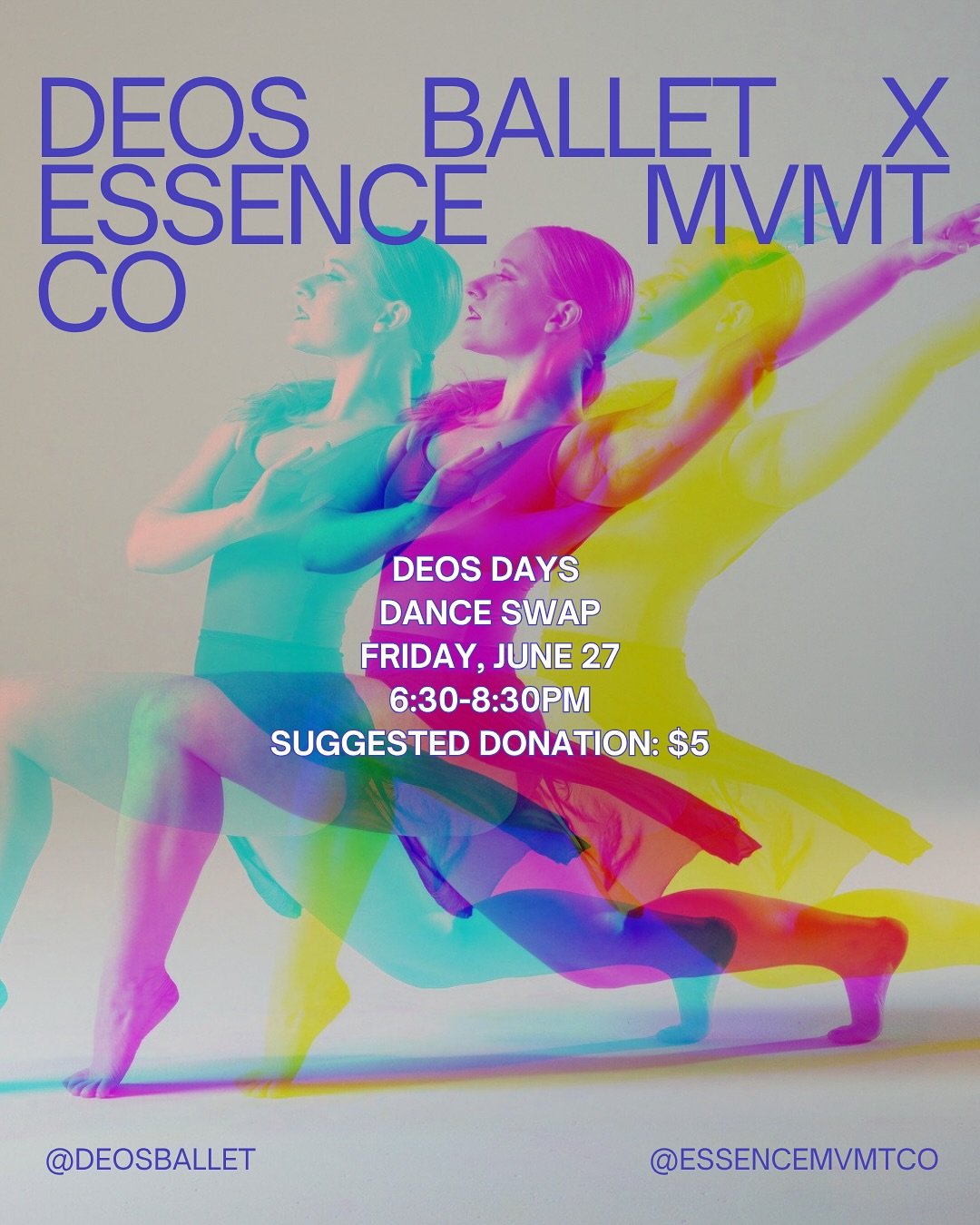 Mark your calendar and bring your best energy&mdash;Deos Days Dance Swap is coming THIS Friday, June 27 from 6:30&ndash;8:30 PM!🌟 

Join Deos Ballet and @essencemvmtco for two back-to-back classes: start with a beginner-friendly, high-energy ballet 