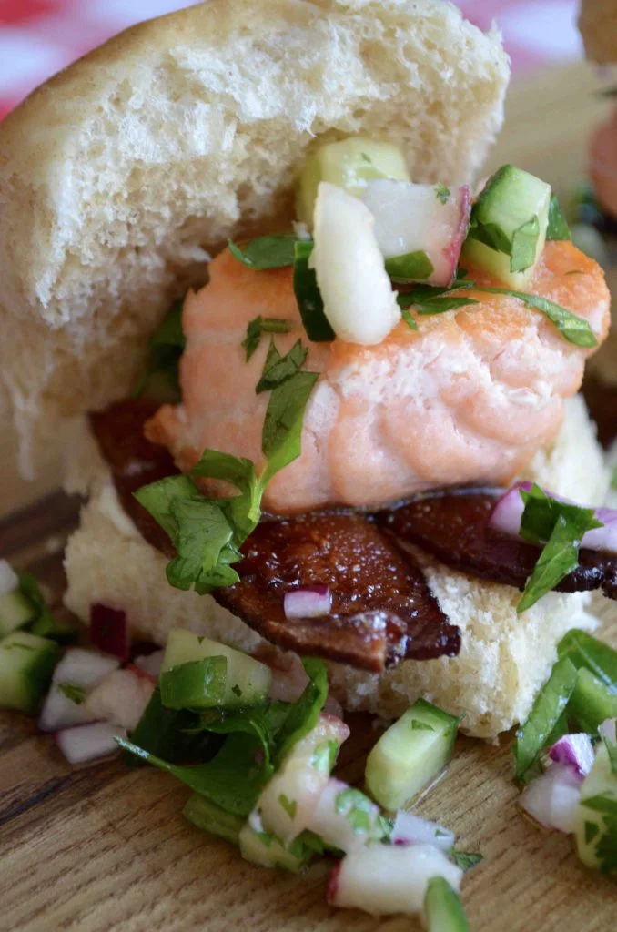 Salmon Sliders with Bacon and Cucumber + Peach Salsa