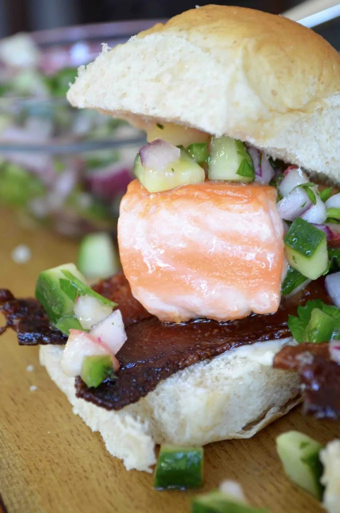 Salmon Sliders with Bacon and Cucumber + Peach Salsa