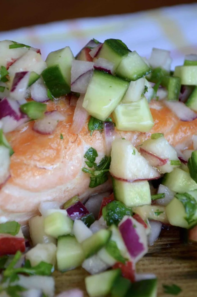 Salmon with Peach and Cucumber Salsa