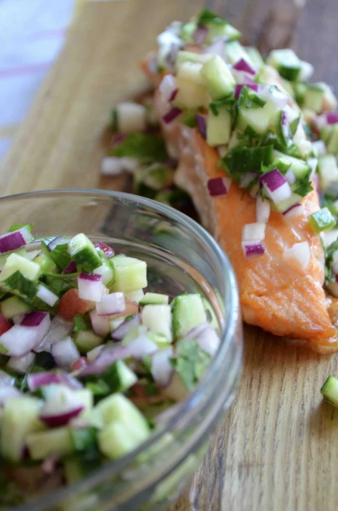 Salmon with Peach and Cucumber Salsa