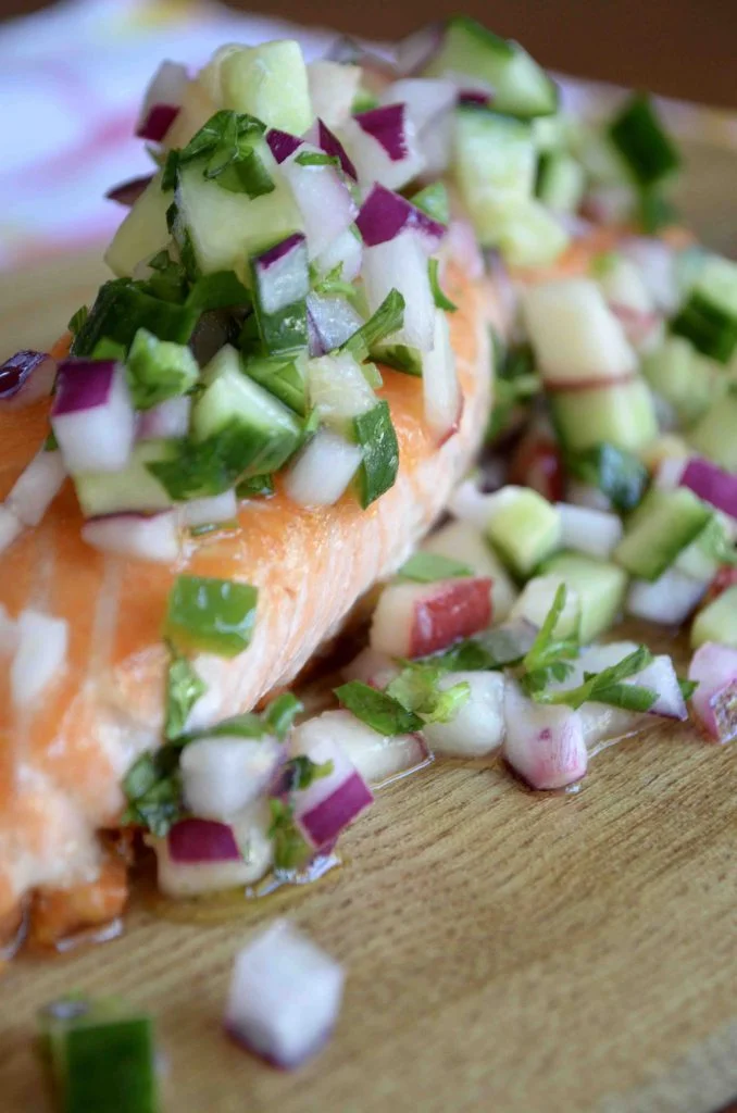 Salmon with Peach and Cucumber Salsa