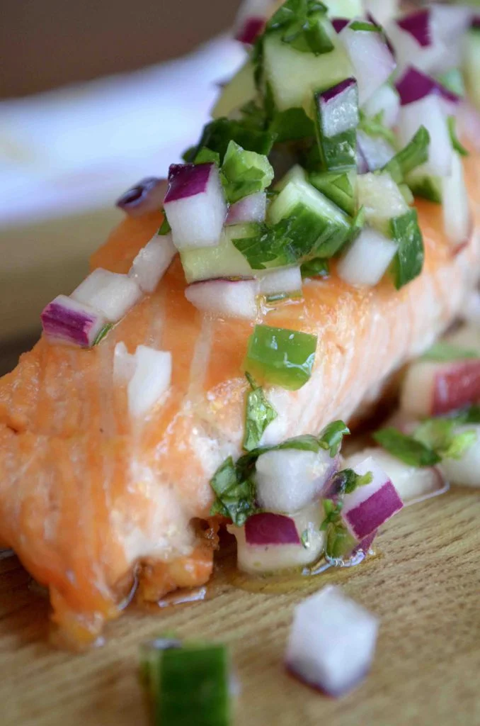 Salmon with Peach and Cucumber Salsa