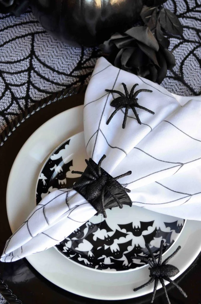 Spiderweb Napkins With Sparkly Spider Napkin Ring