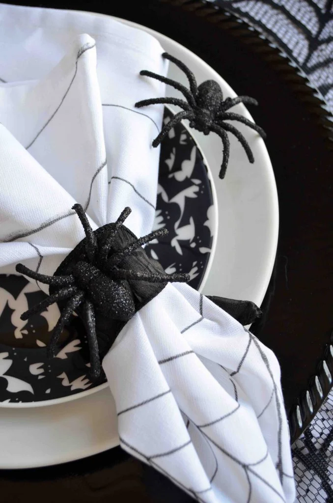 Spiderweb Napkins With Sparkly Spider Napkin Ring