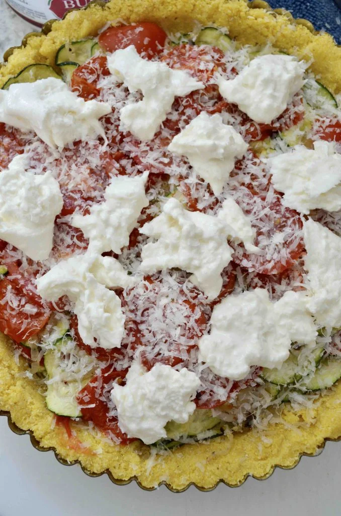 Roasted Tomato and Zucchini Tart with Burrata and Basil