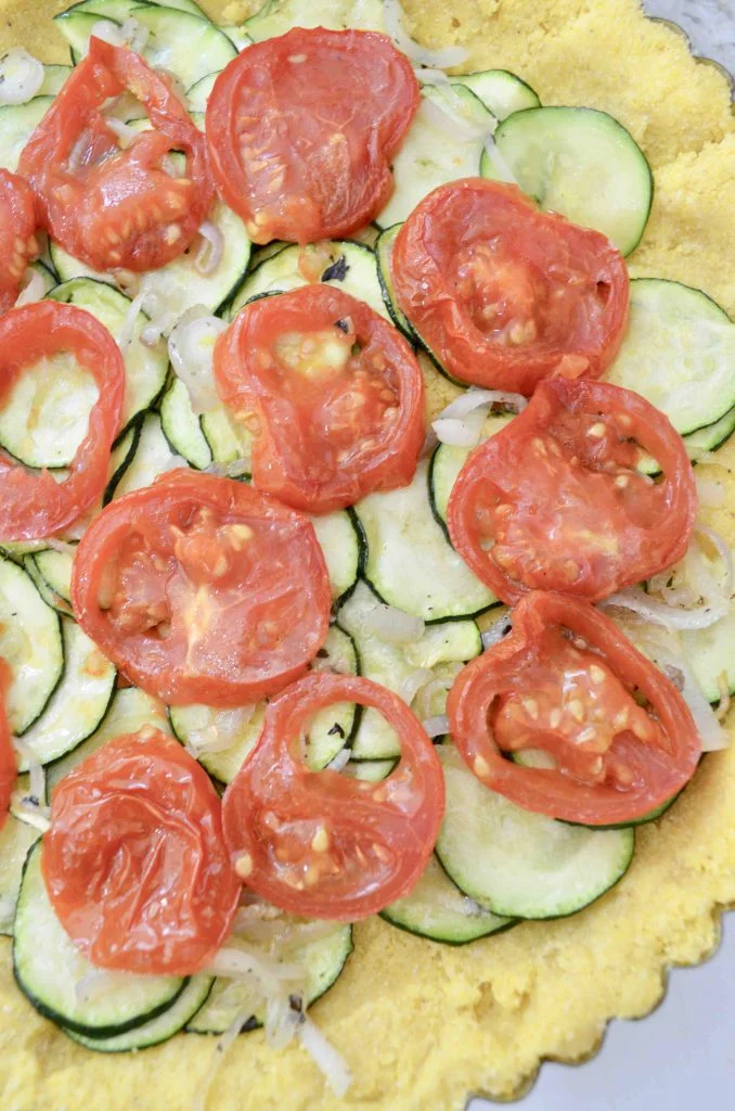 Roasted Tomato and Zucchini Tart with Burrata and Basil