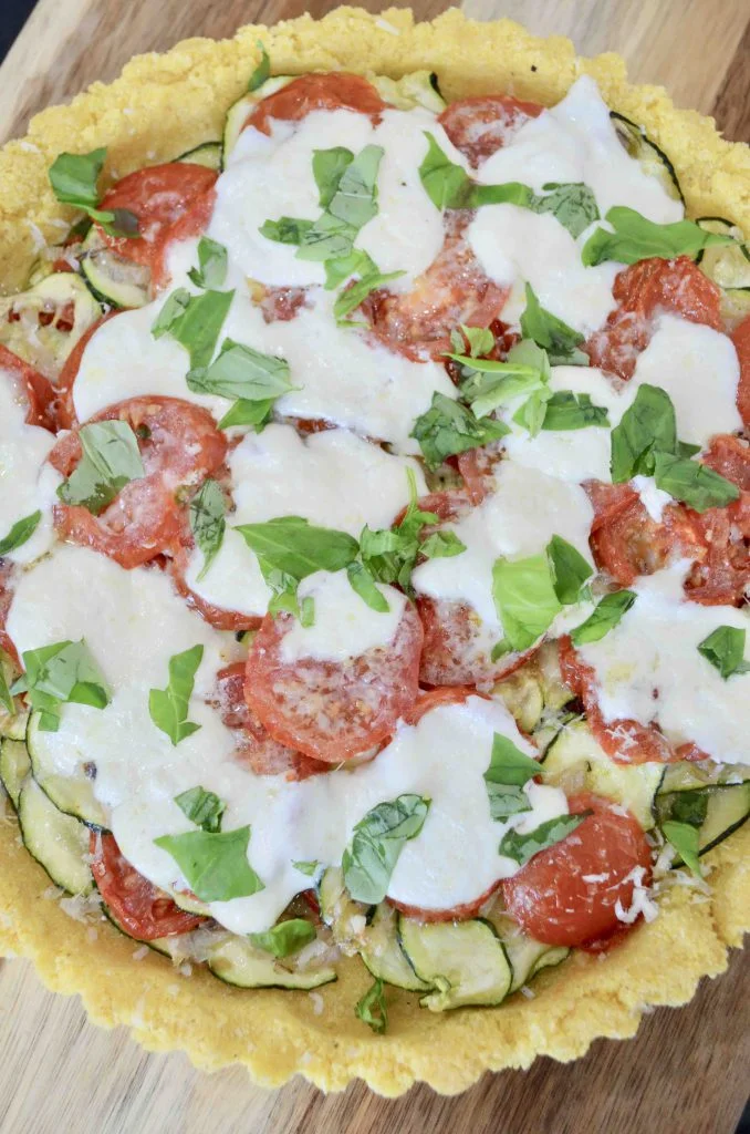 Roasted Tomato and Zucchini Tart with Burrata and Basil