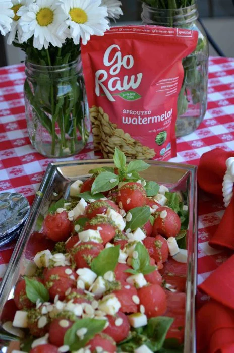 Watermelon Caprese Salad with Go Raw Watermelon Seeds