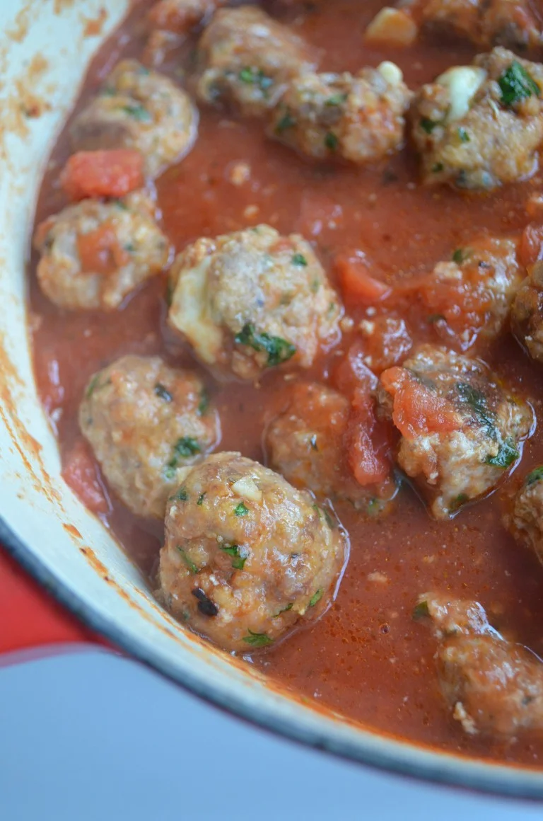 Spicy Smoked Mozzarella Stuffed Meatballs with Tomato Sauce